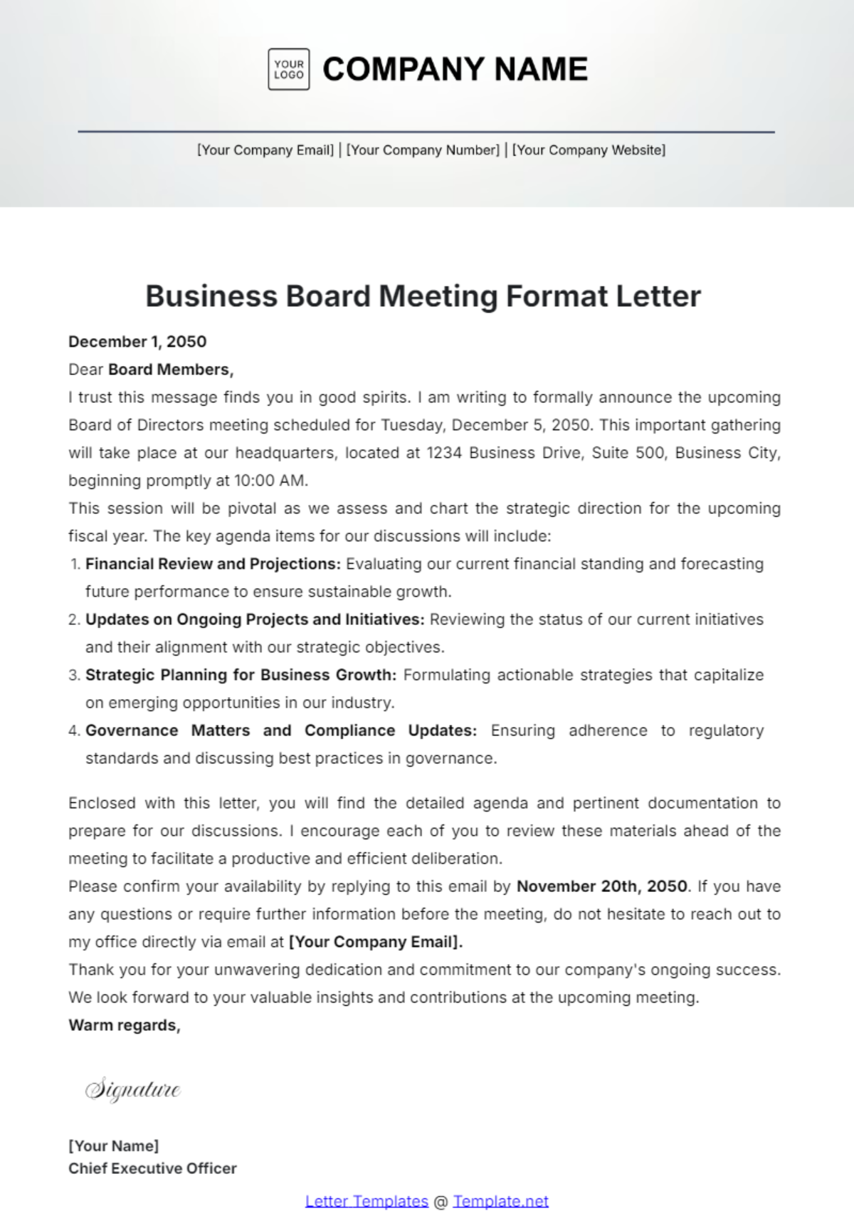 Business Board Meeting Format Letter Template - Edit Online & Download