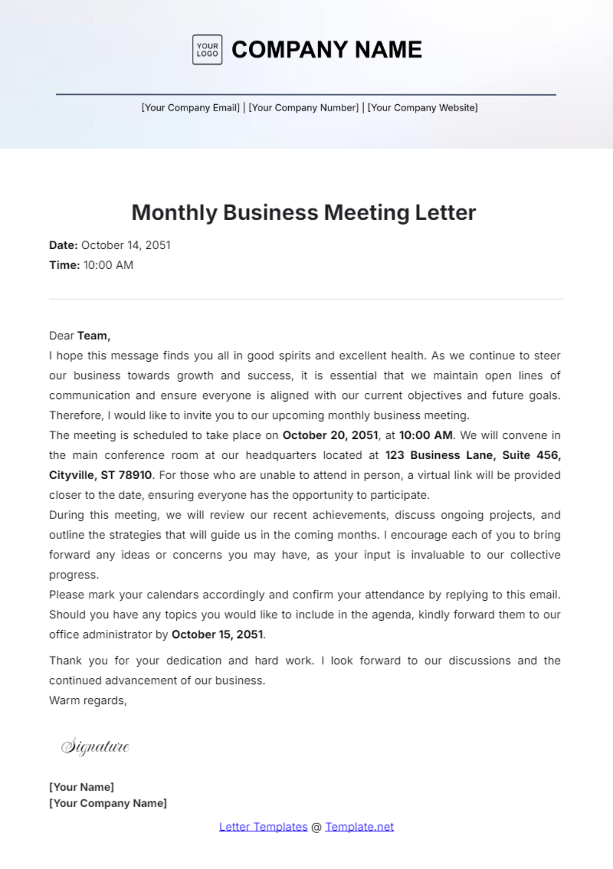 Monthly Business Meeting Letter Template - Edit Online & Download