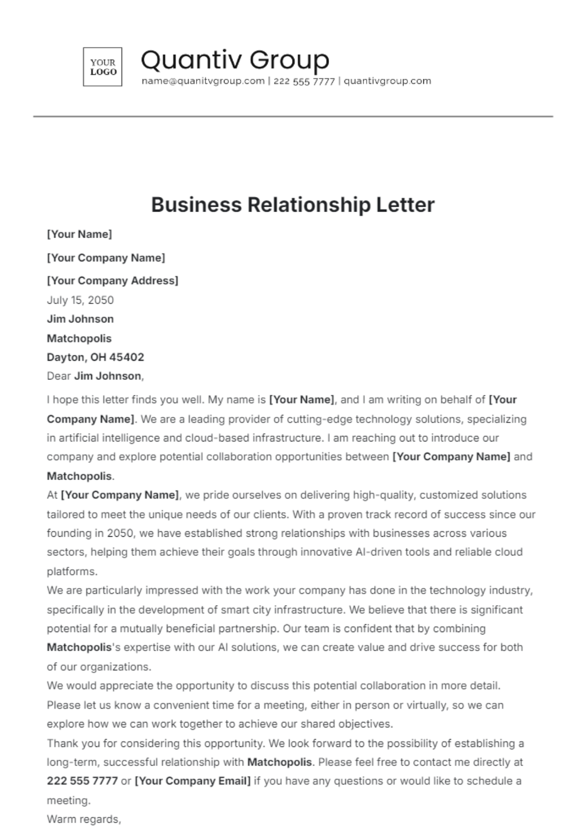 Business Relationship Letter Template - Edit Online & Download