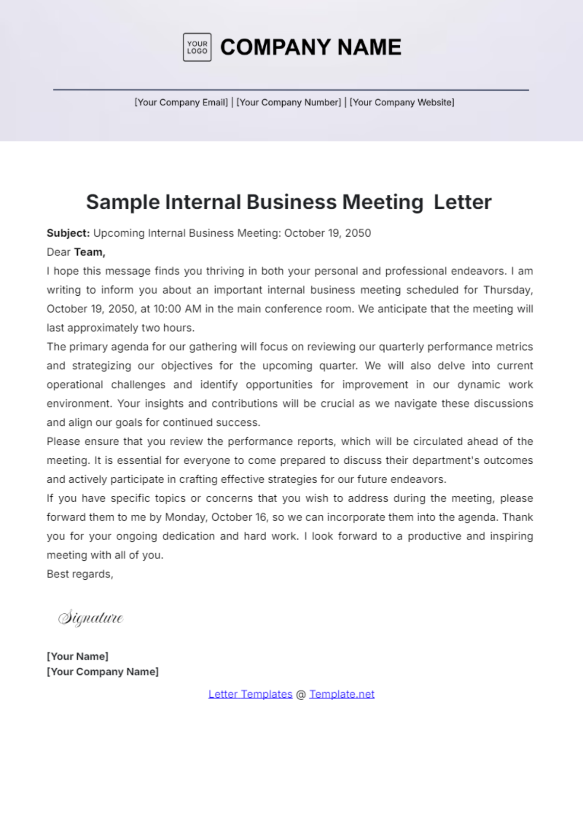 Sample Internal Business Meeting Letter Template - Edit Online & Download