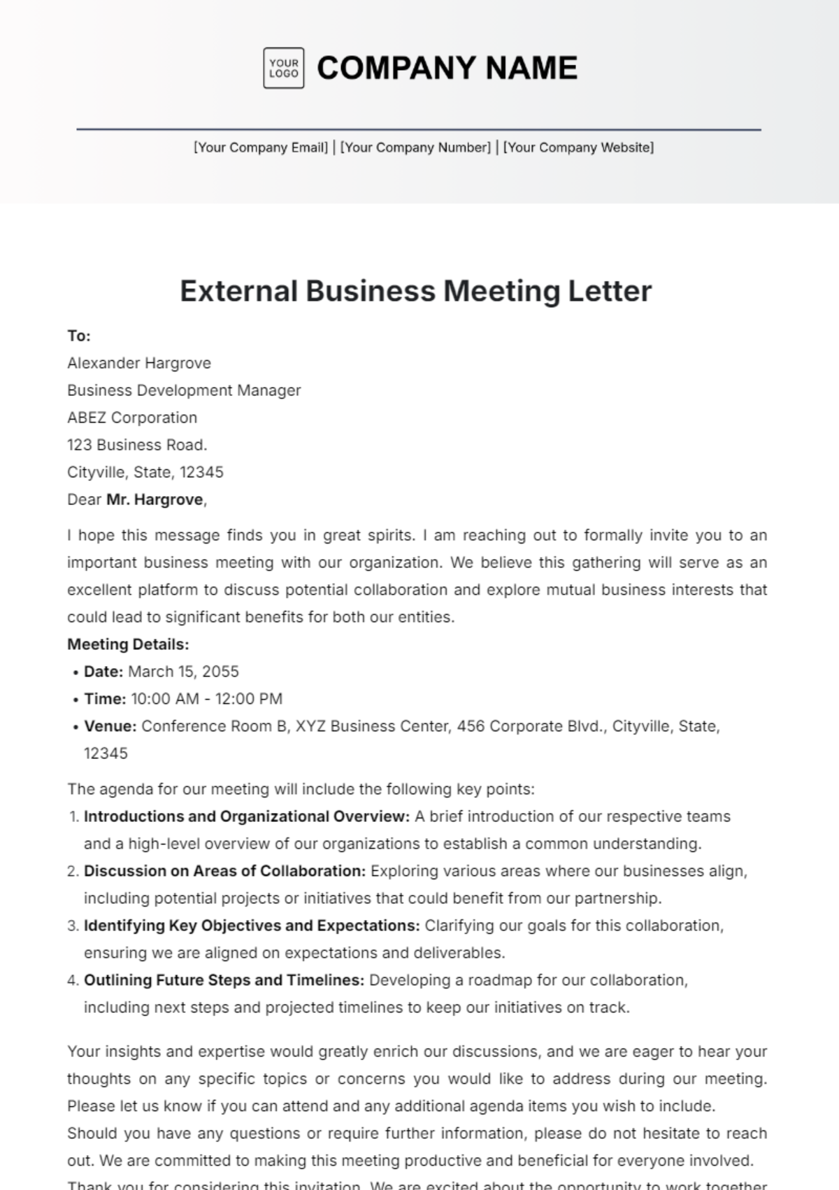 External Business Meeting Letter Template - Edit Online & Download