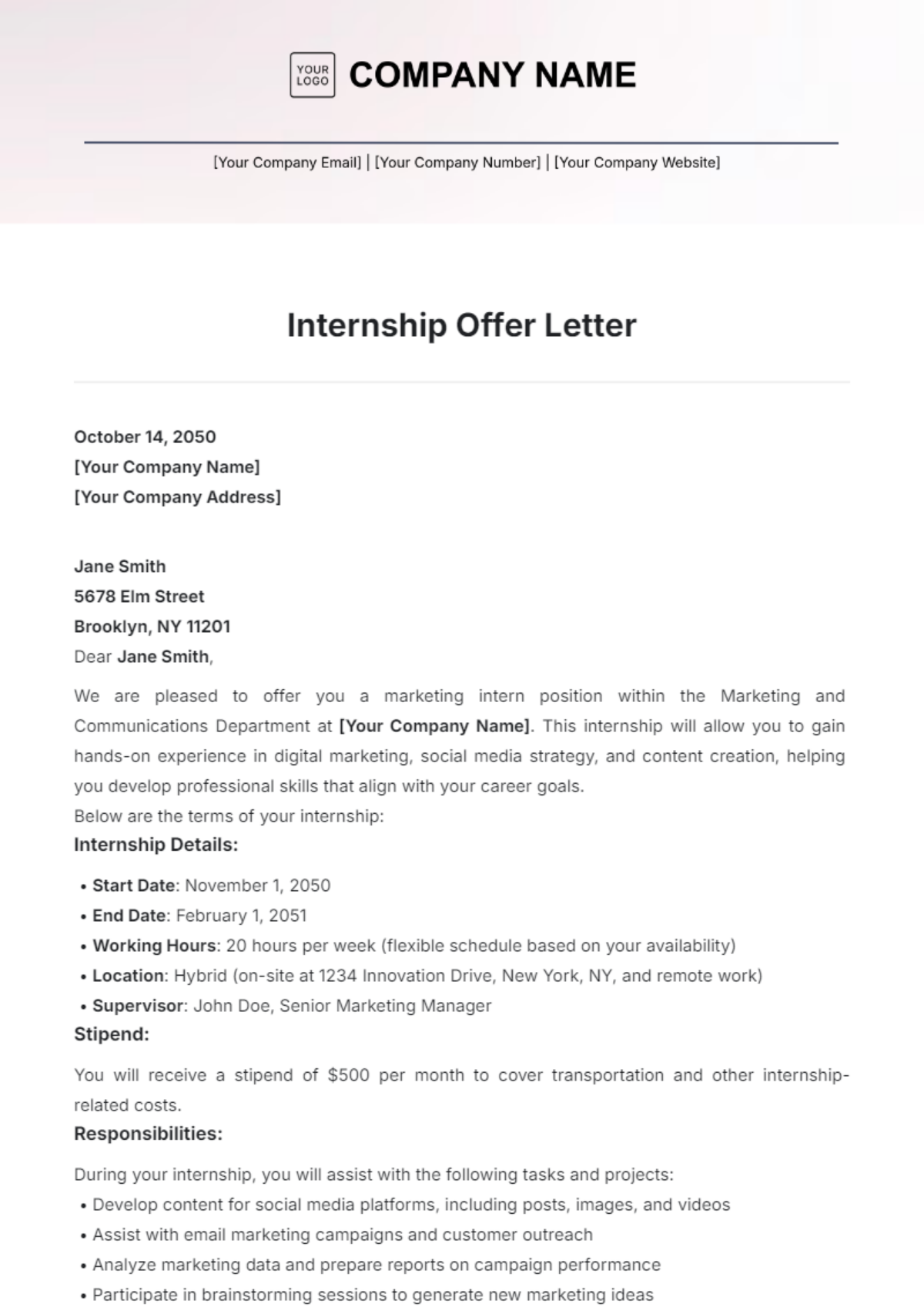 Internship Offer Letter Template - Edit Online & Download