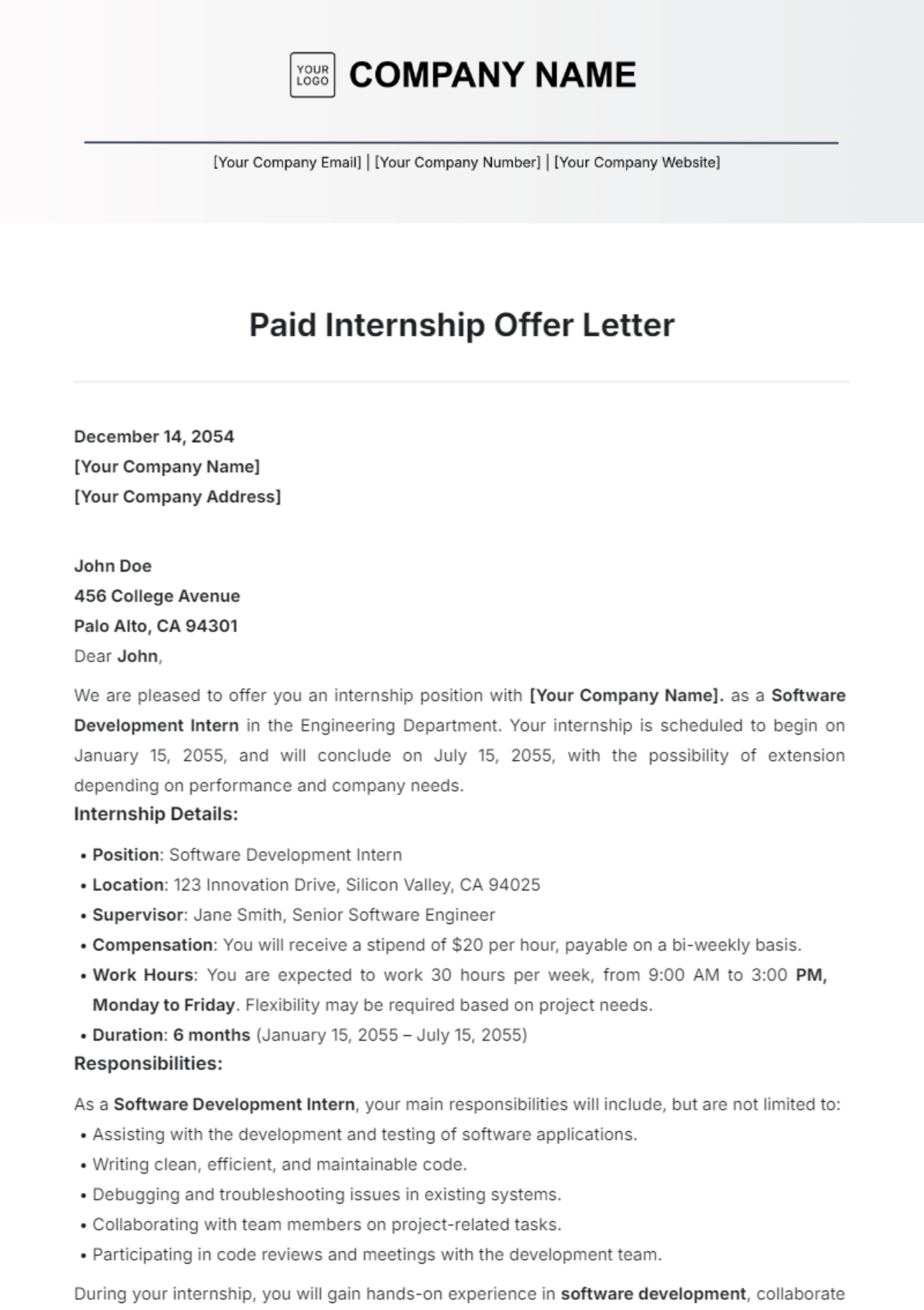 Paid Internship Offer Letter Template - Edit Online & Download