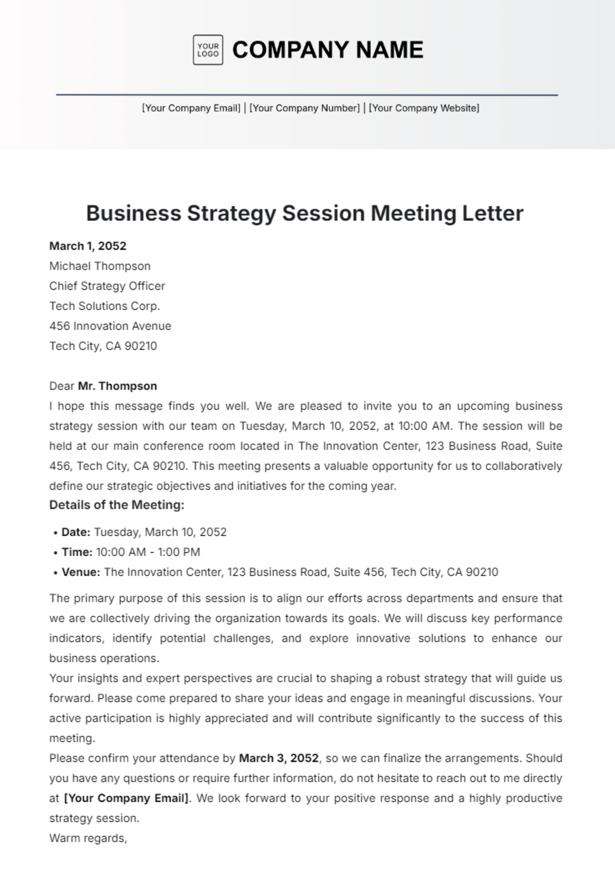 Business Strategy Session Meeting Letter Template - Edit Online & Download