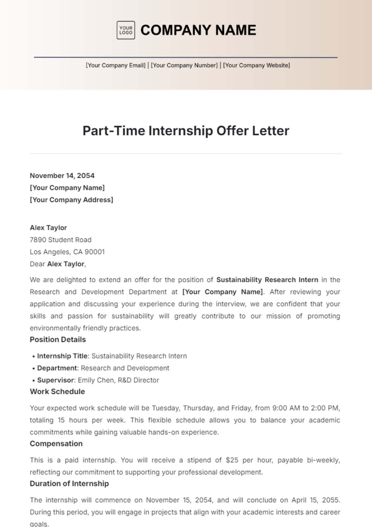 Part-Time Internship Offer Letter Template - Edit Online & Download