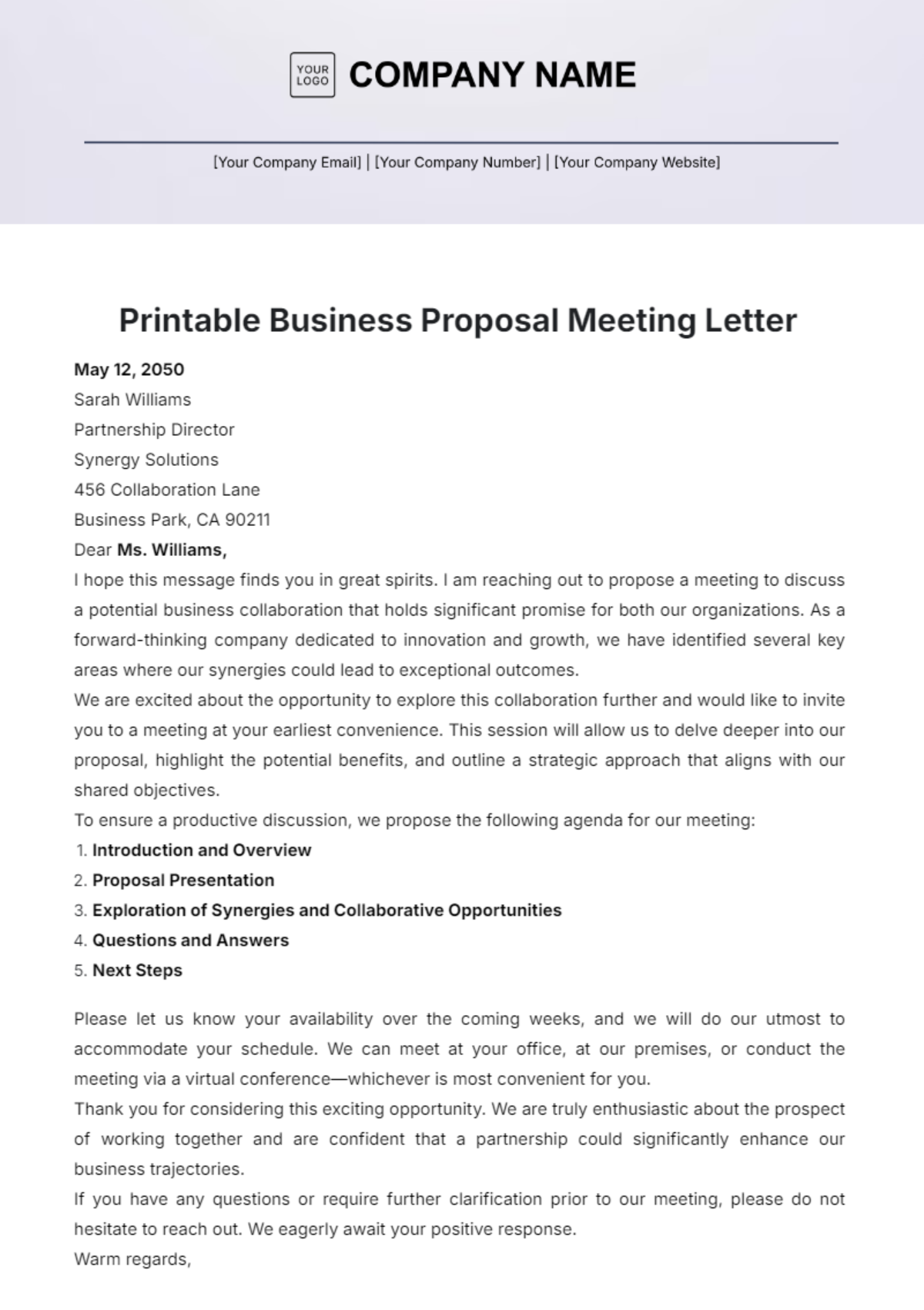 Printable Business Proposal Meeting Letter Template - Edit Online & Download