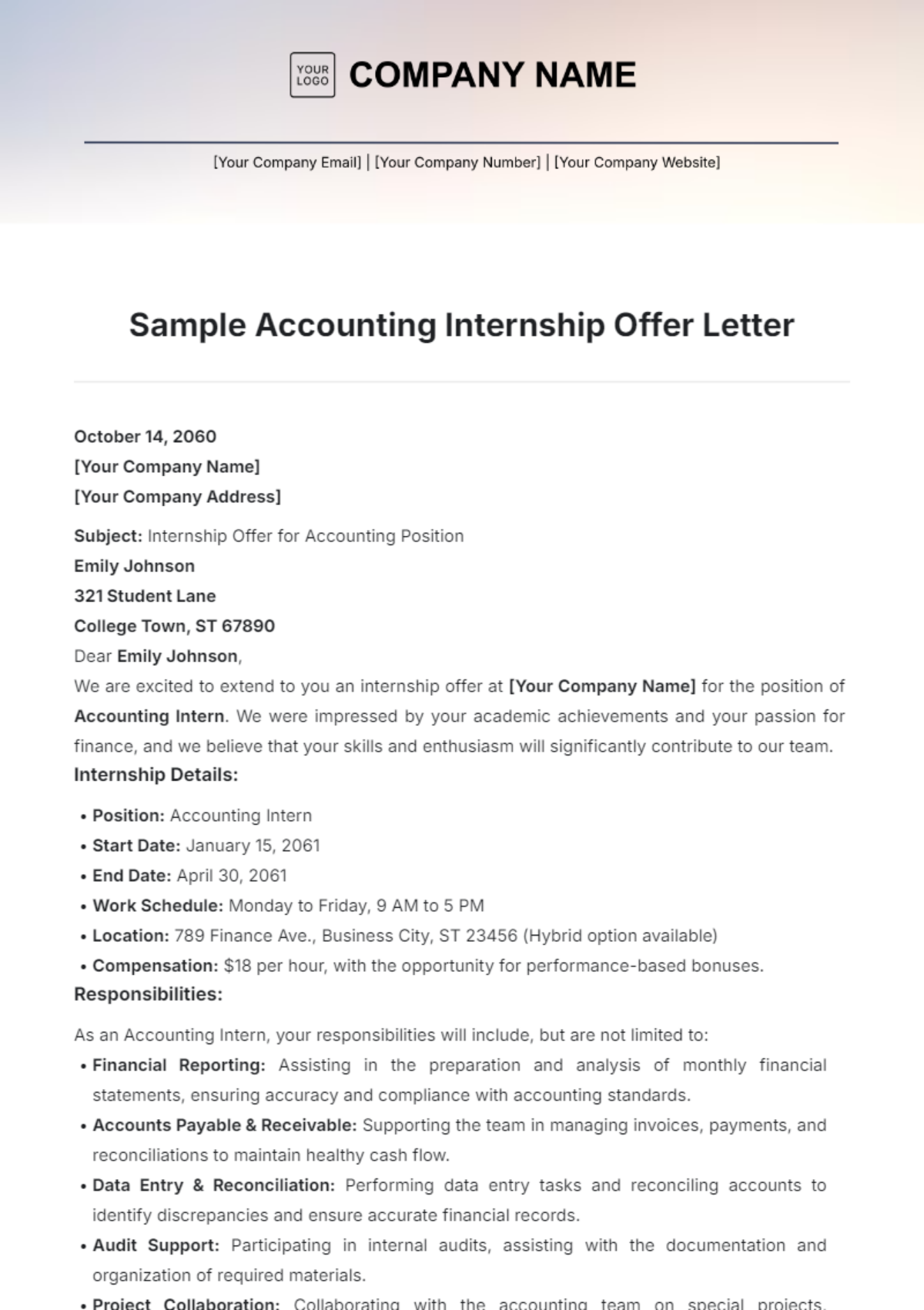 Sample Accounting Internship Offer Letter Template - Edit Online & Download