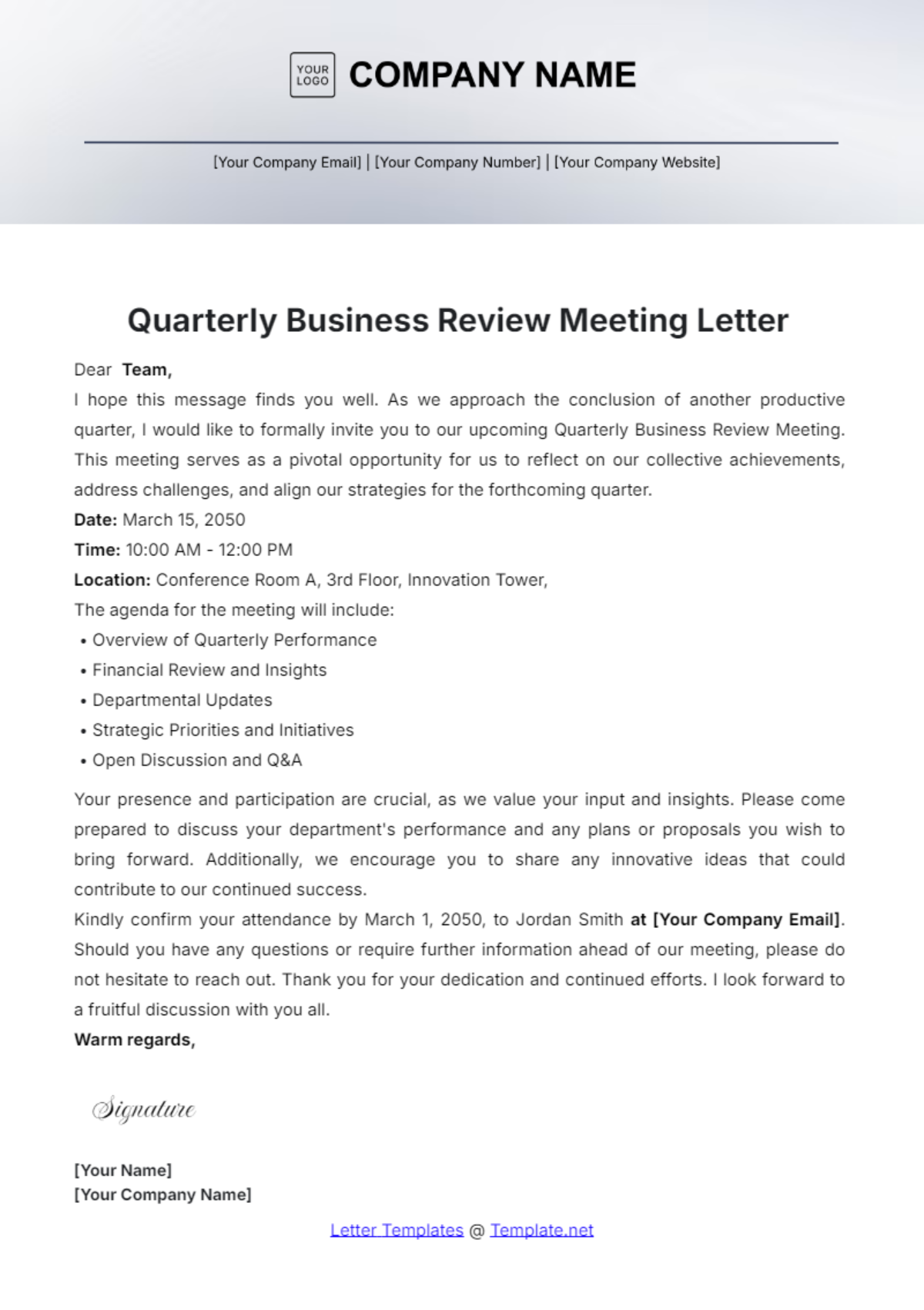 Quarterly Business Review Meeting Letter Template - Edit Online & Download