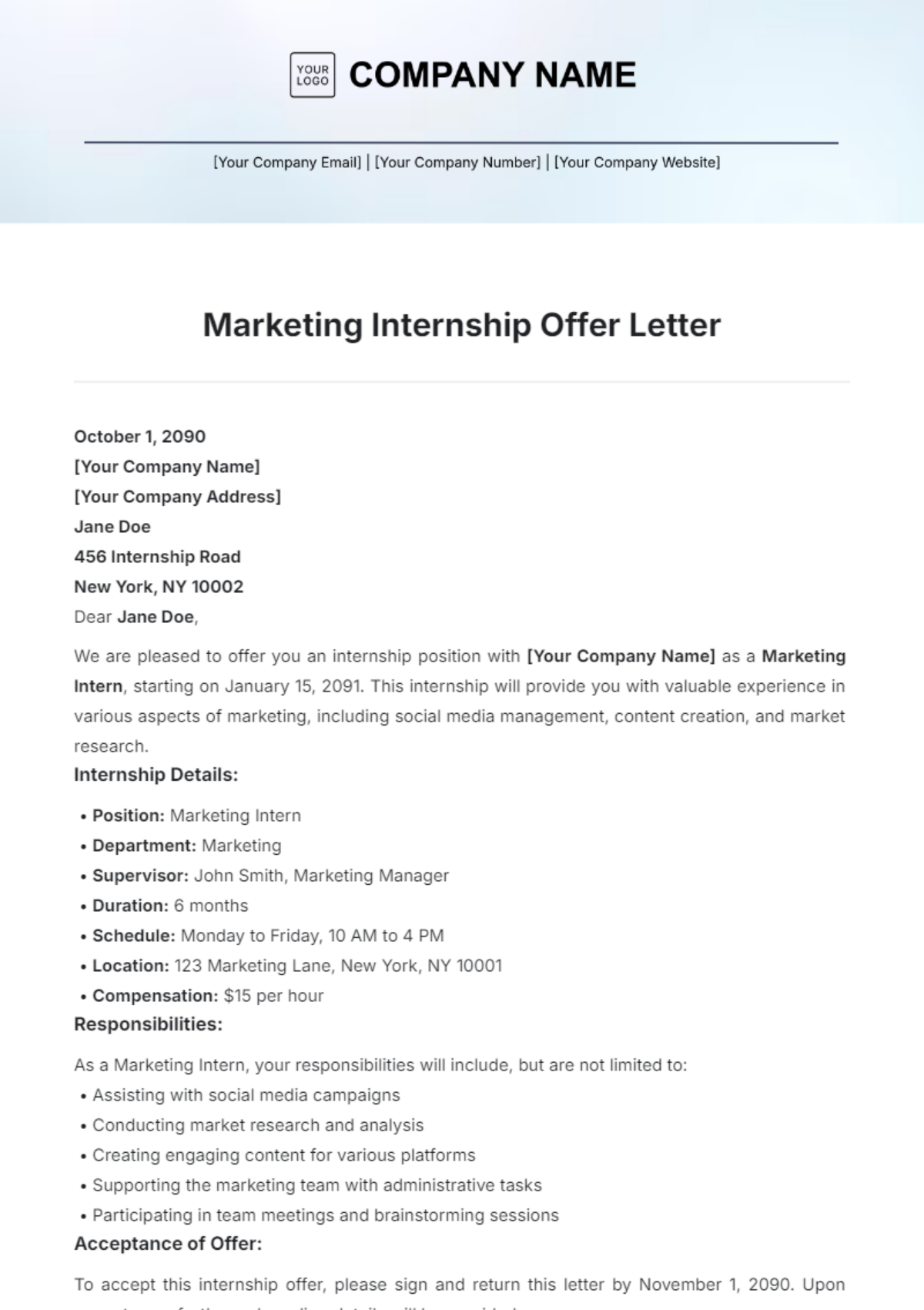 Marketing Internship Offer Letter Template - Edit Online & Download