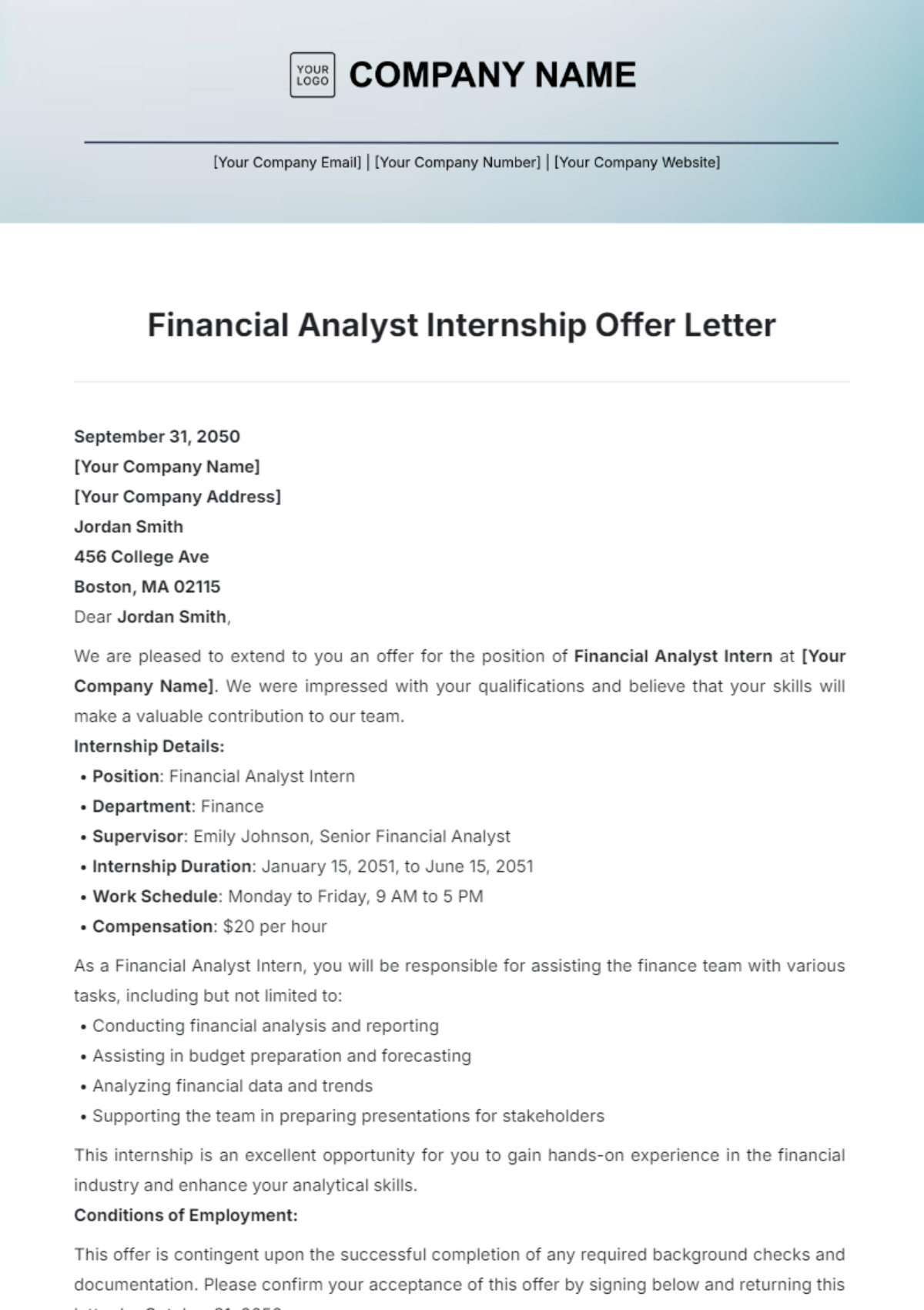 Financial Analyst Internship Offer Letter Template - Edit Online & Download