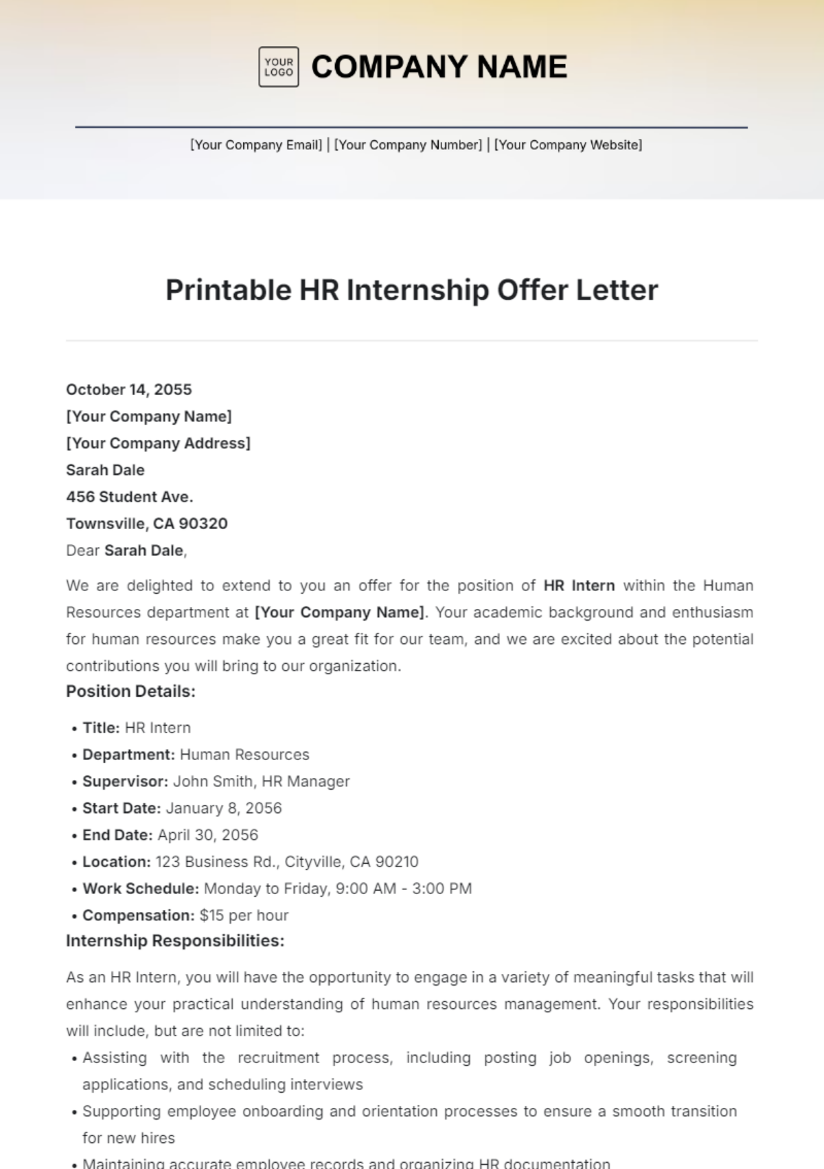 Printable HR Internship Offer Letter Template - Edit Online & Download