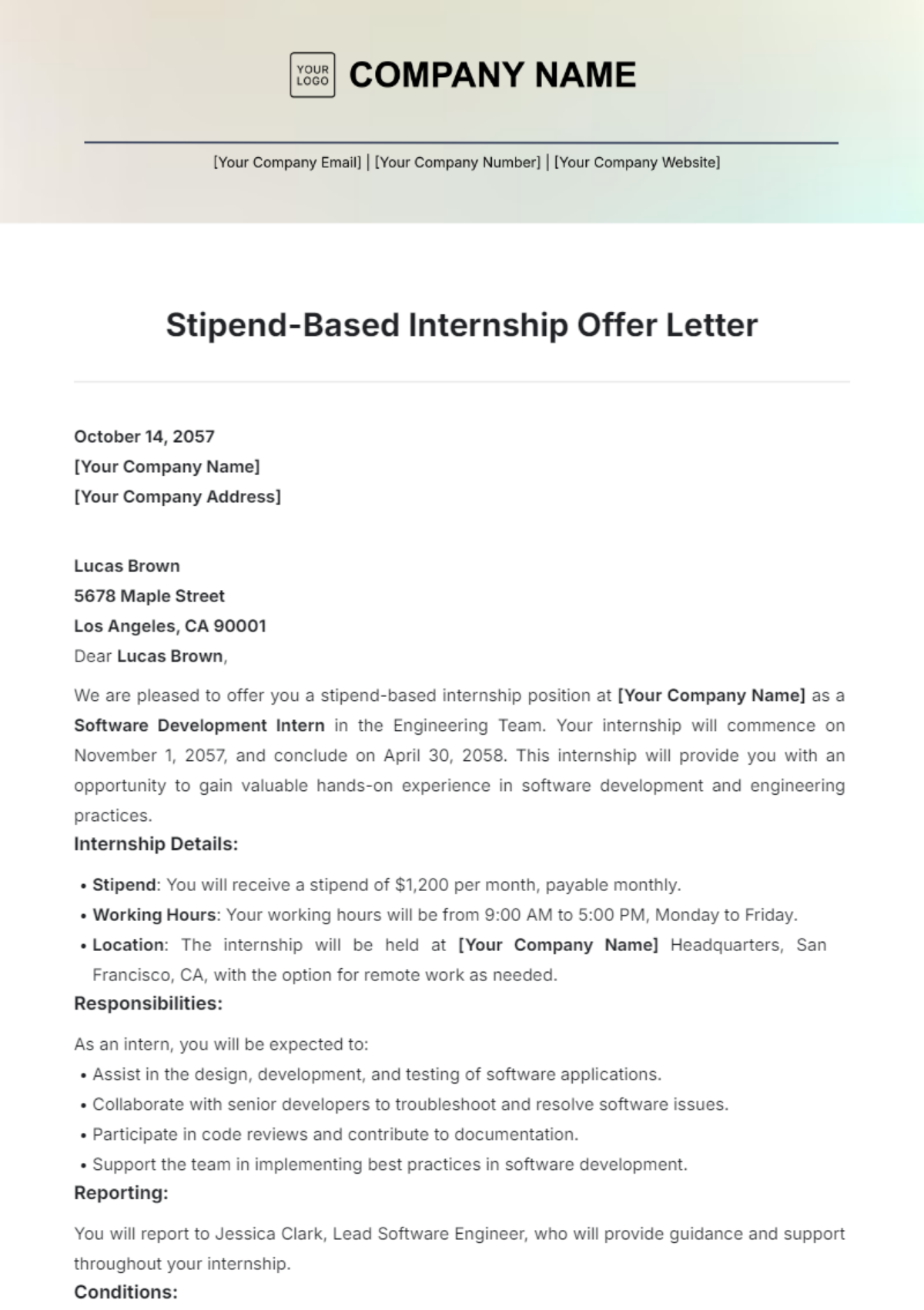 Stipend-Based Internship Offer Letter Template - Edit Online & Download