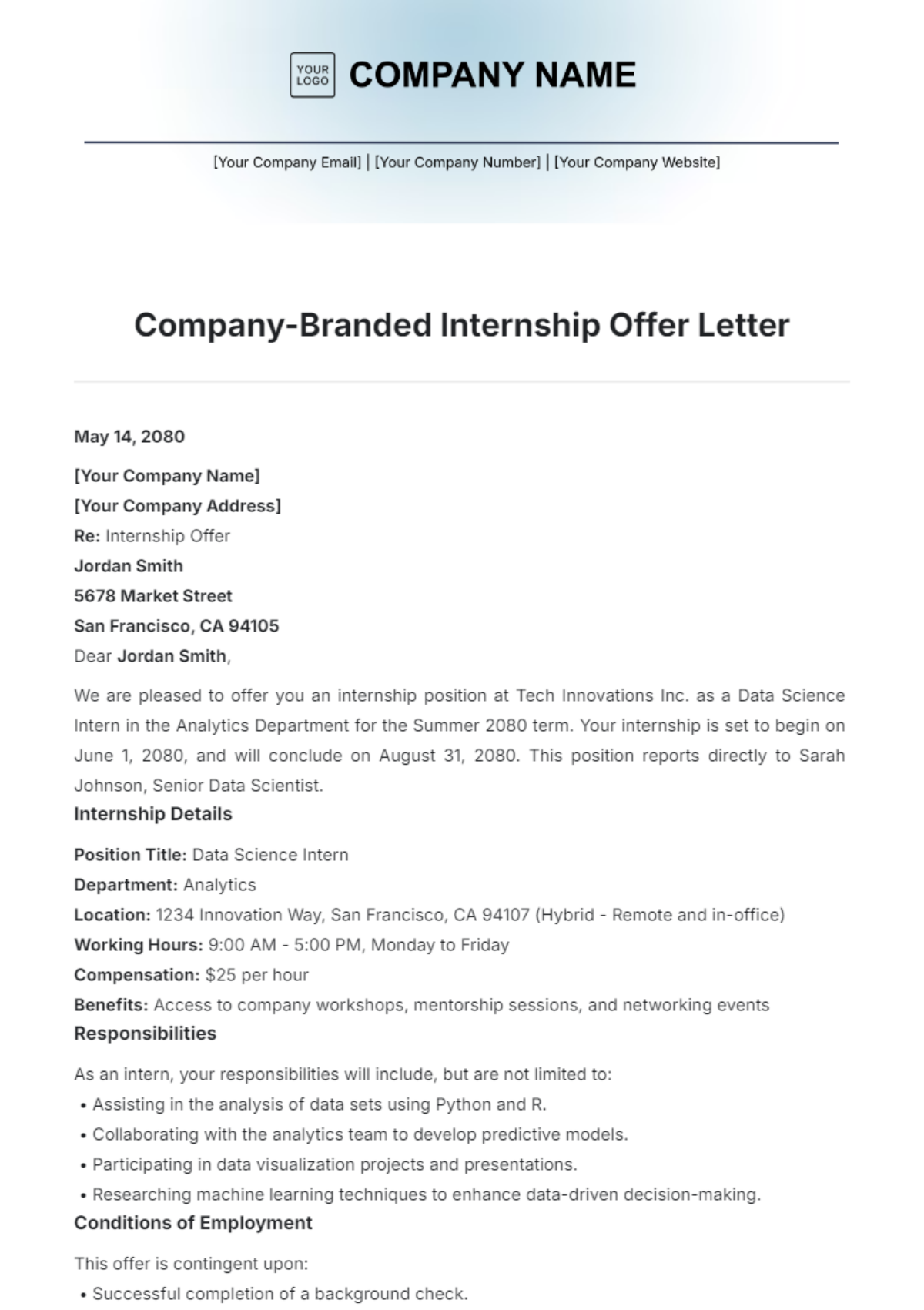 Free Company-Branded Internship Offer Letter Template - Edit Online ...