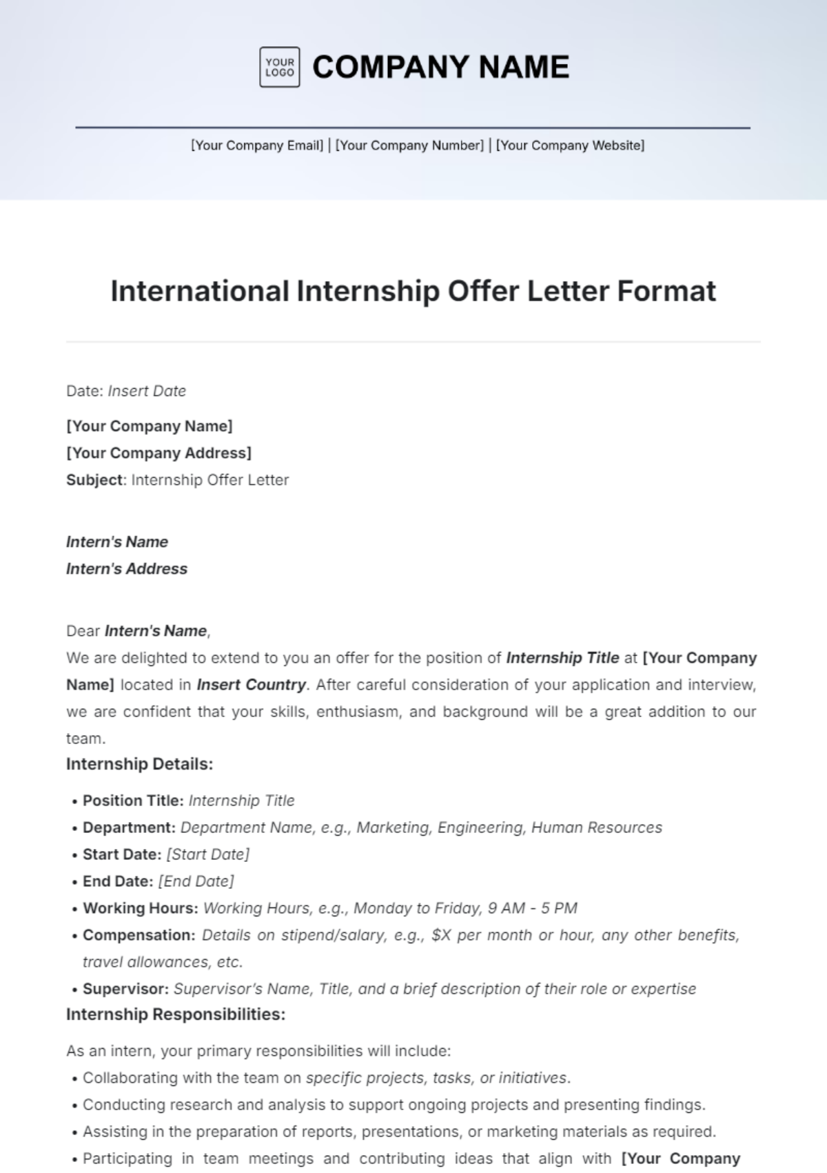 International Internship Offer Letter Format Template - Edit Online & Download