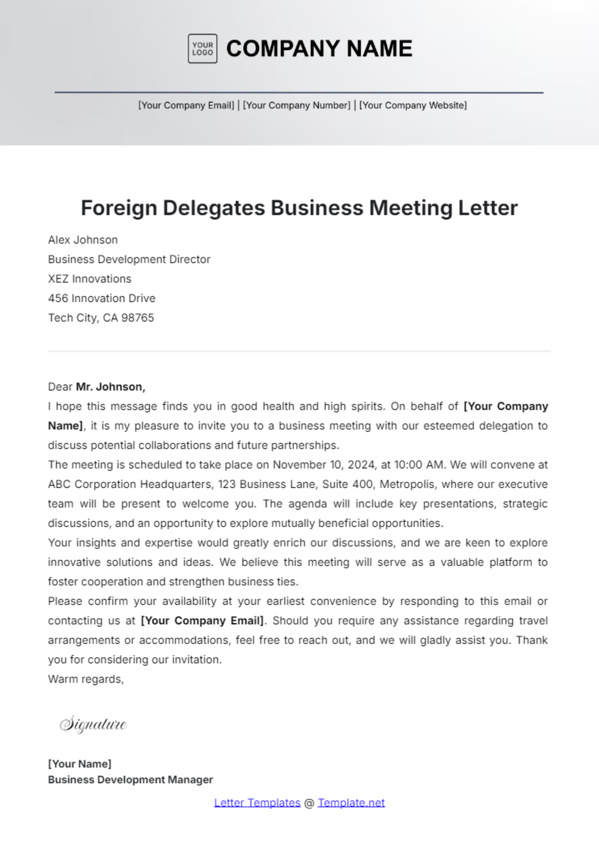 Foreign Delegates Business Meeting Letter Template - Edit Online & Download