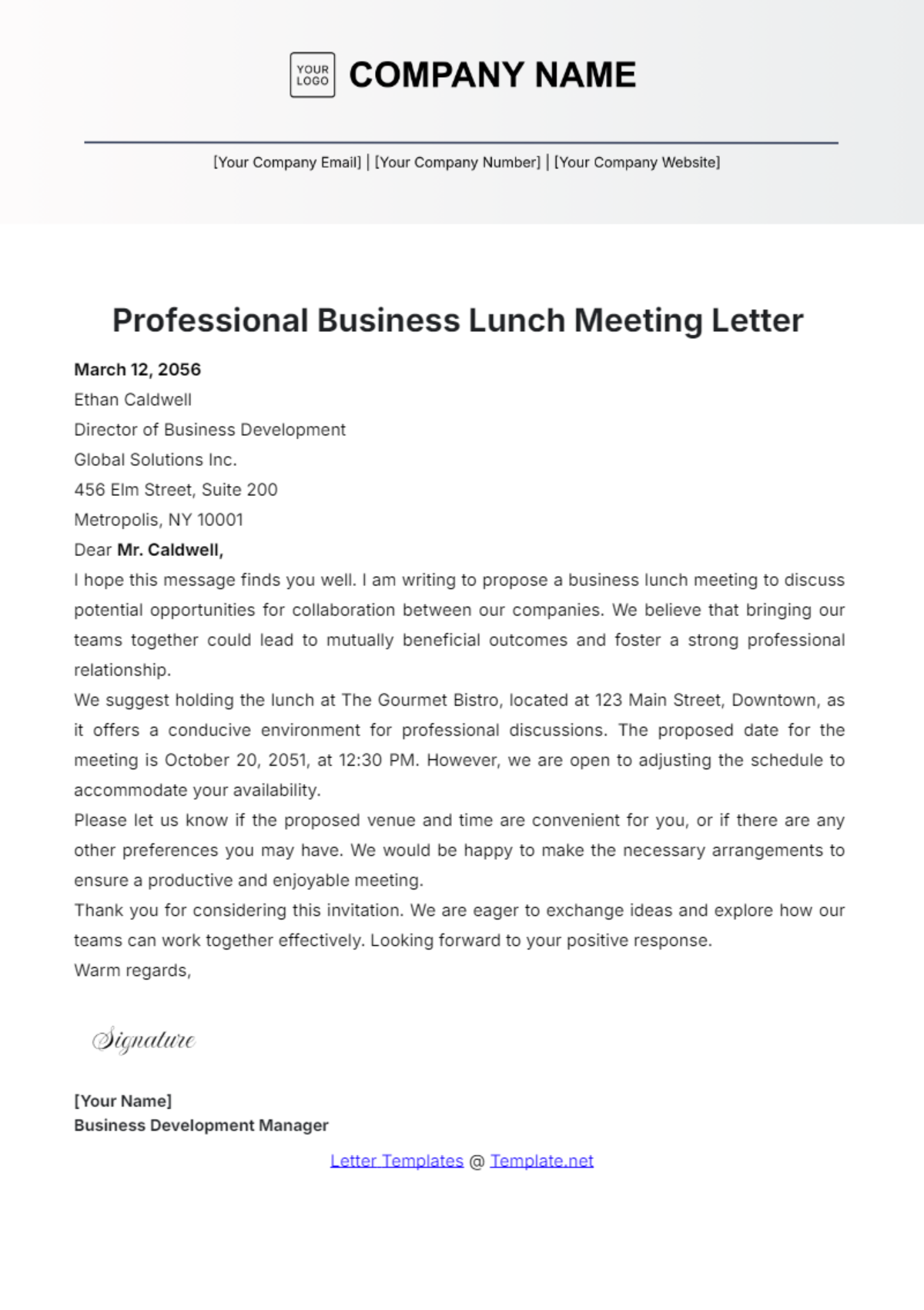 Professional Business Lunch Meeting Letter Template - Edit Online & Download