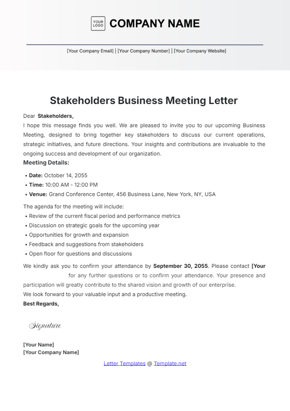 Stakeholders Business Meeting Letter Template - Edit Online & Download