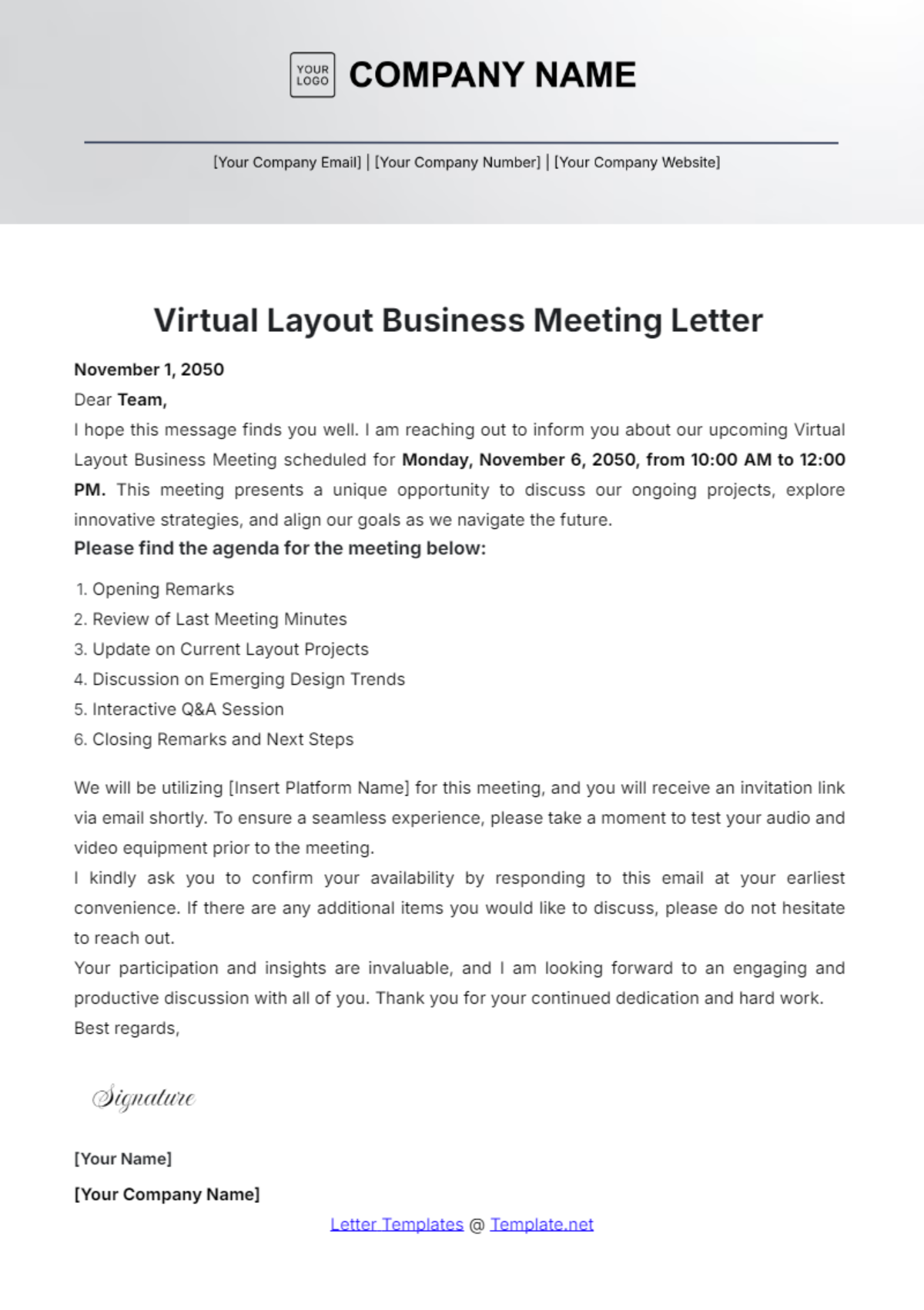 Virtual Layout Business Meeting Letter Template - Edit Online & Download