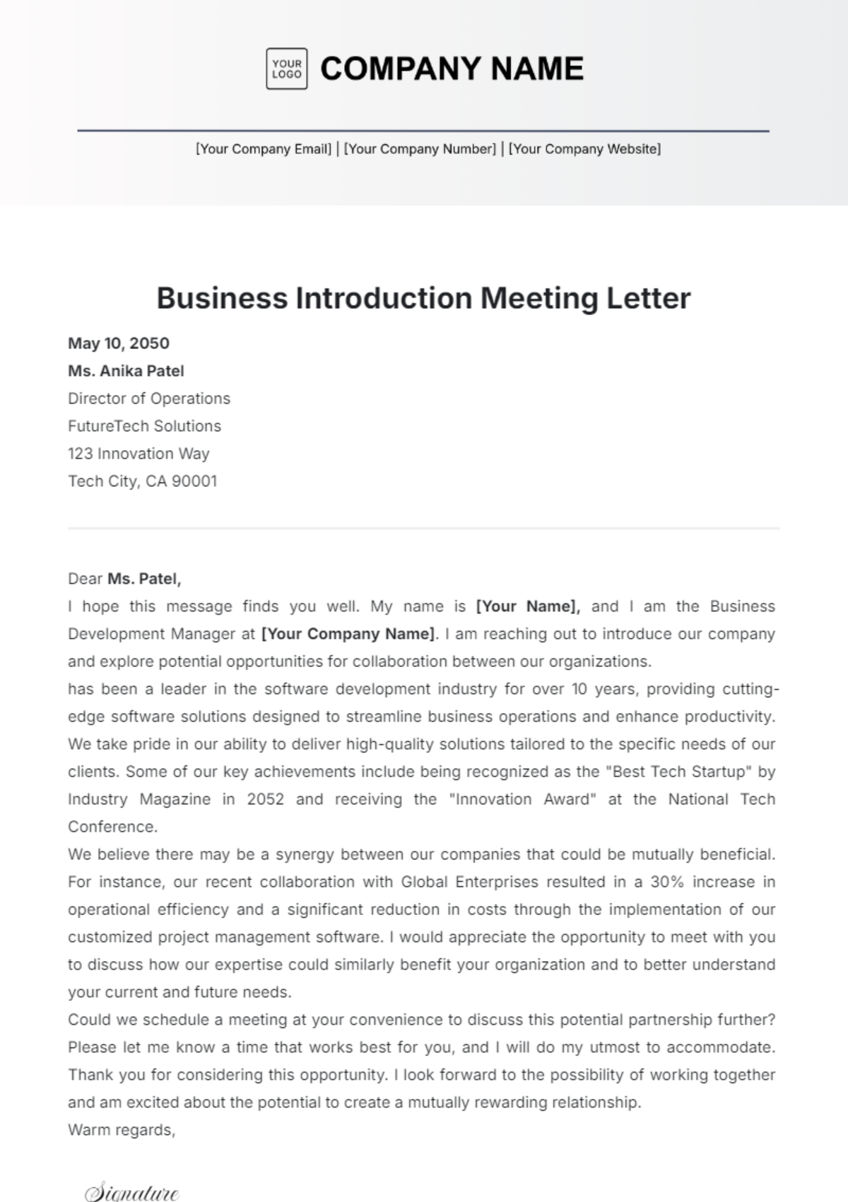 Business Introduction Meeting Letter Template - Edit Online & Download