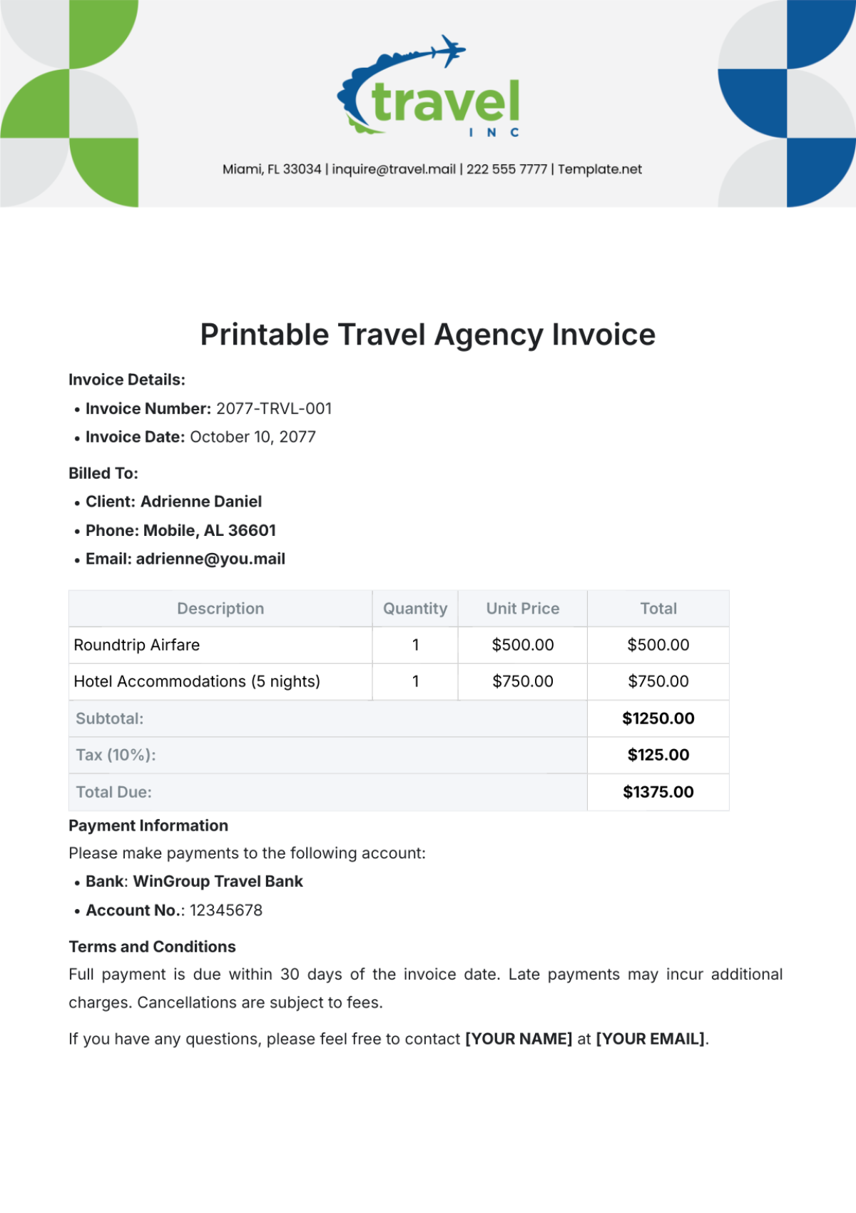 Printable Travel Agency Invoice Template