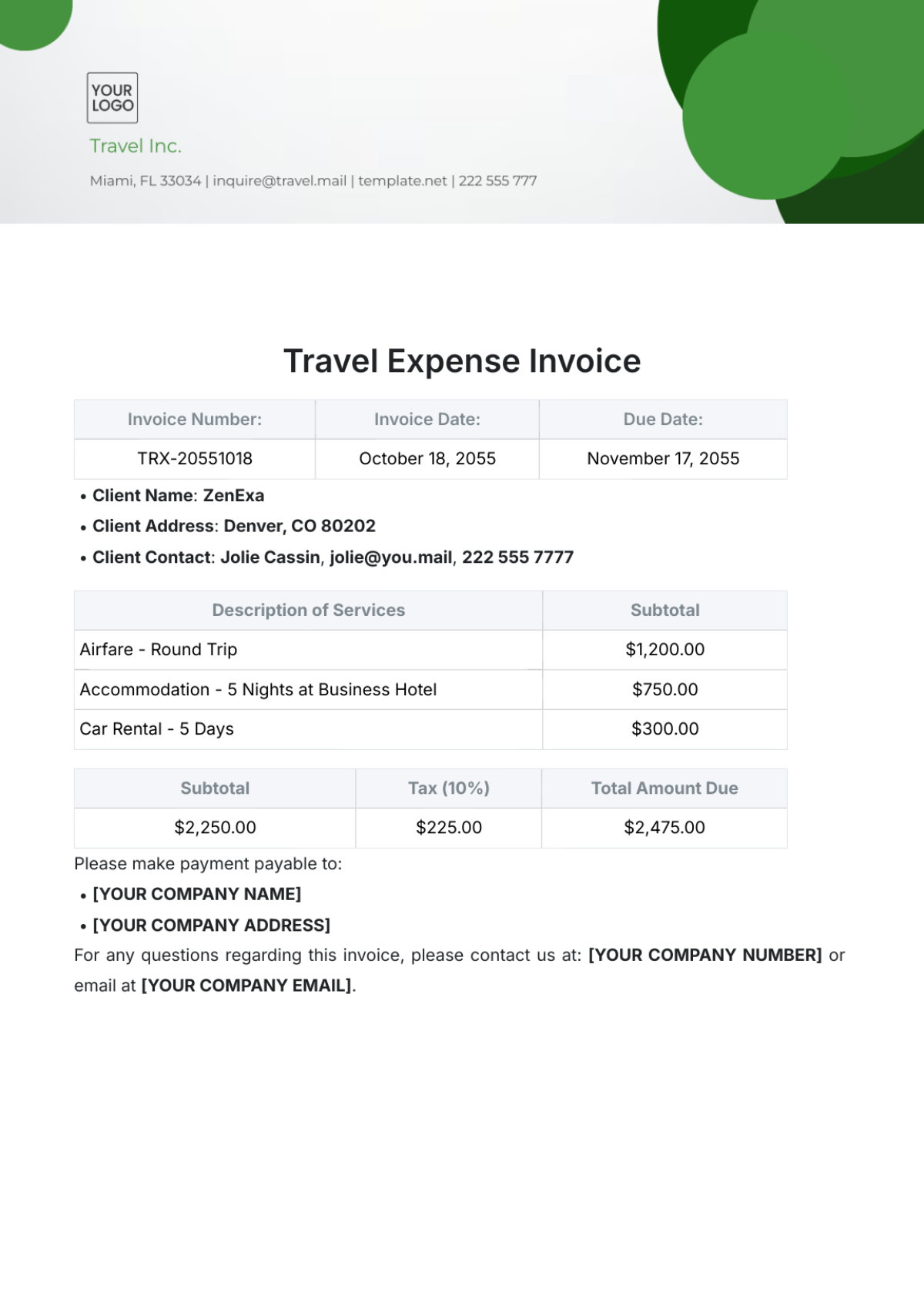 Travel Expense Invoice Template