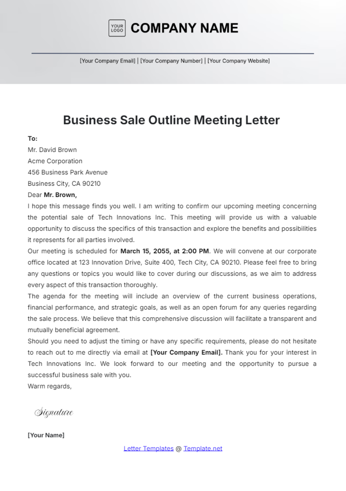 Business Sale Outline Meeting Letter Template - Edit Online & Download