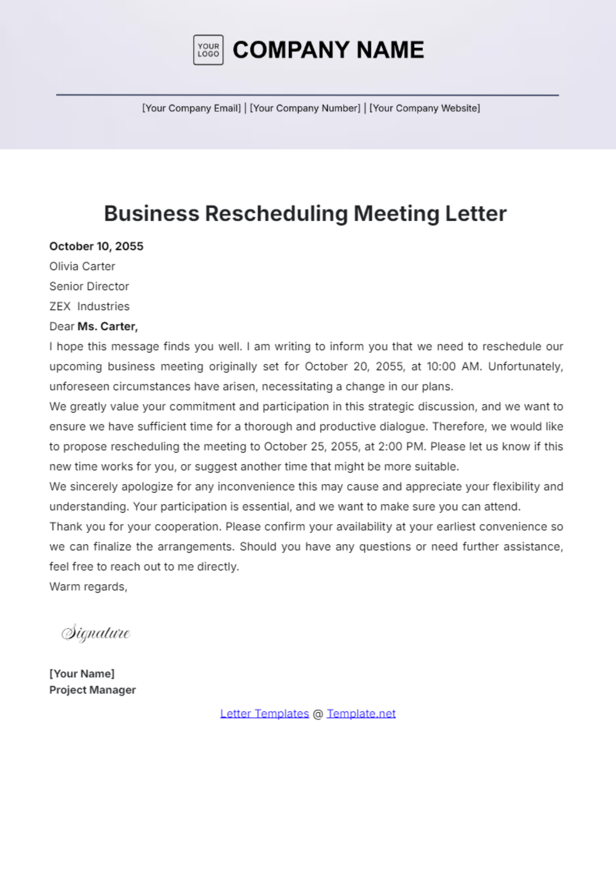 Business Rescheduling Meeting Letter Template - Edit Online & Download