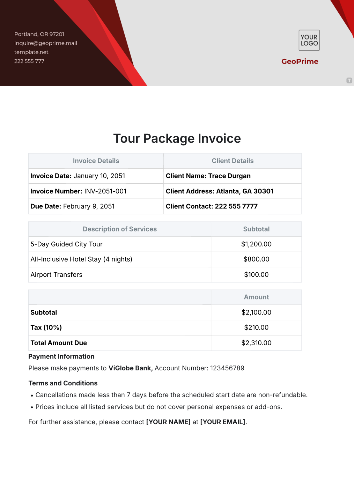 Tour Package Invoice Template