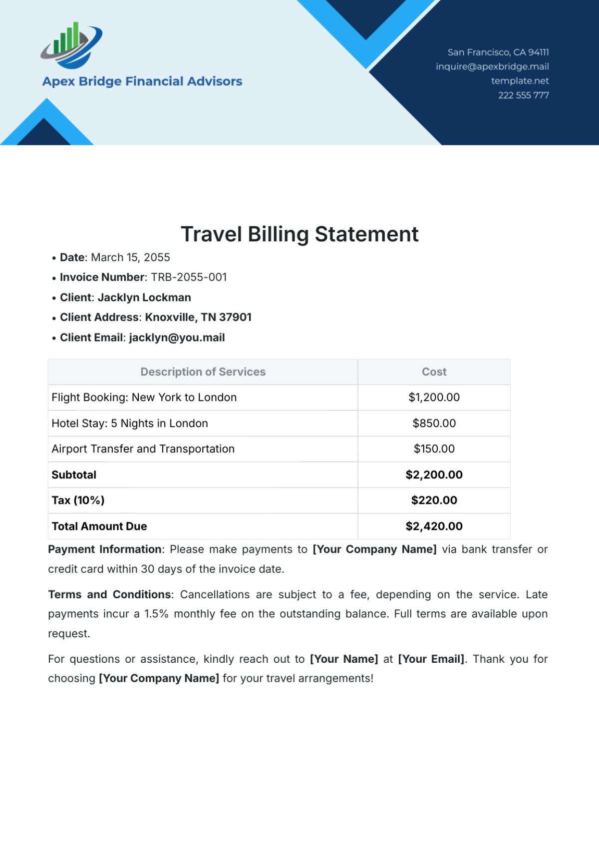 Travel Billing Statement Template