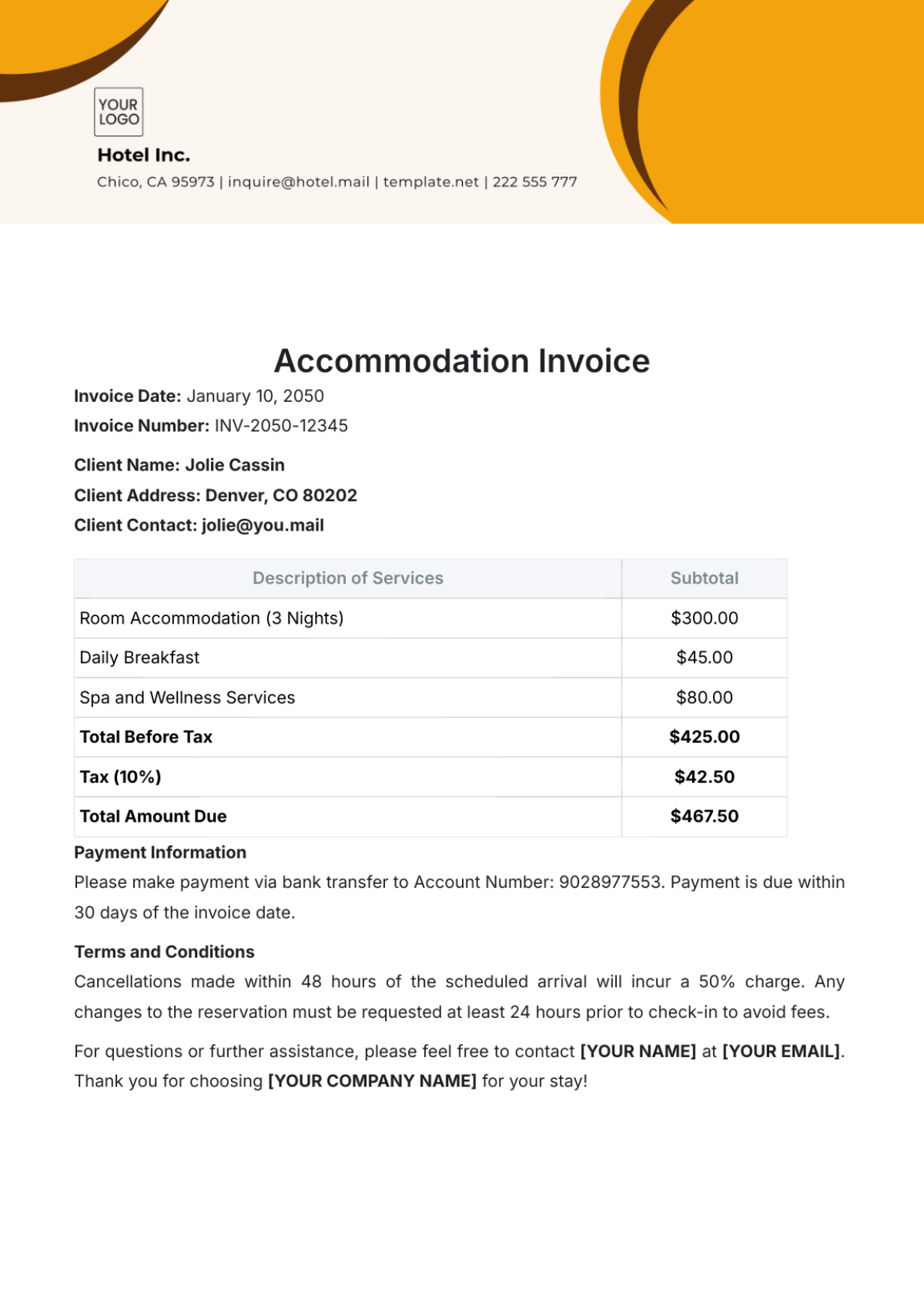 Accommodation Invoice Template - Edit Online & Download