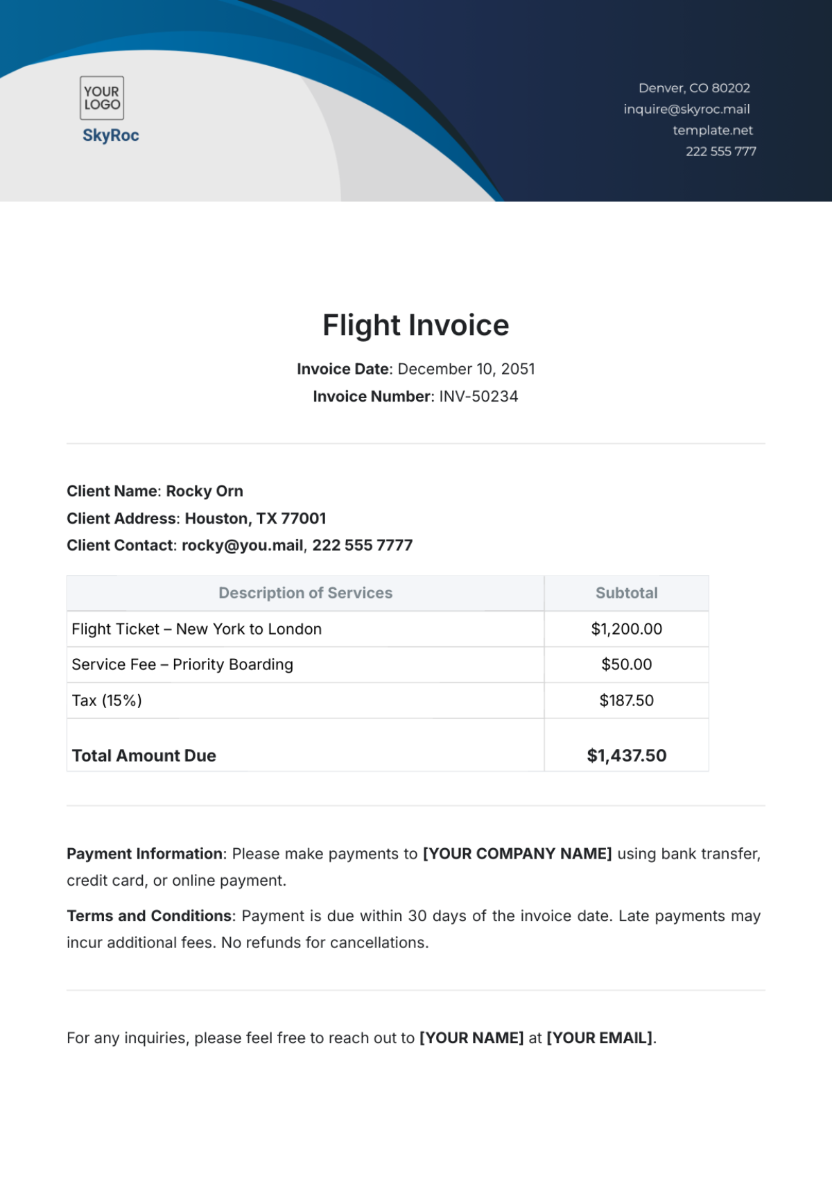 Flight Invoice Template