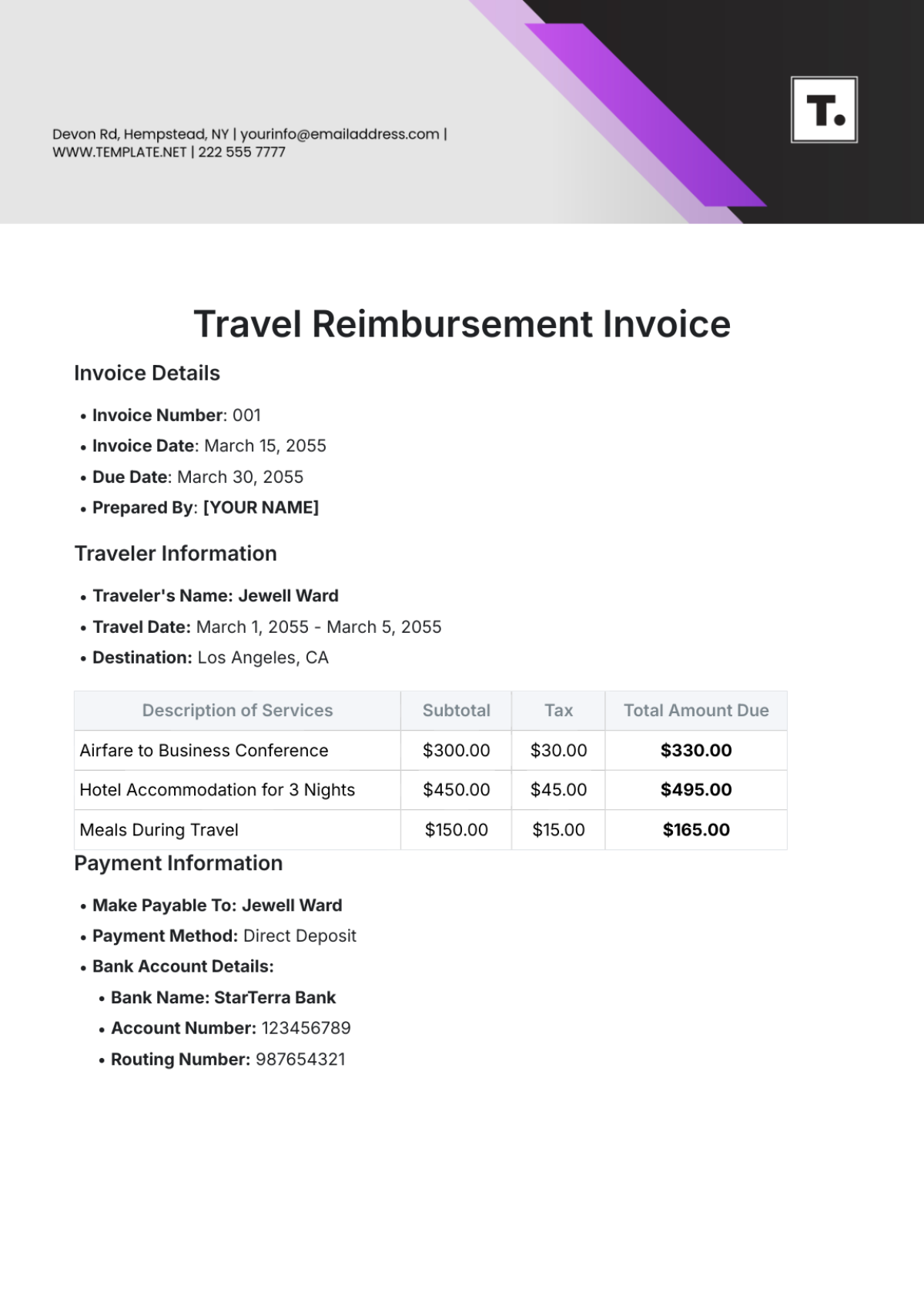 Travel Reimbursement Invoice Template