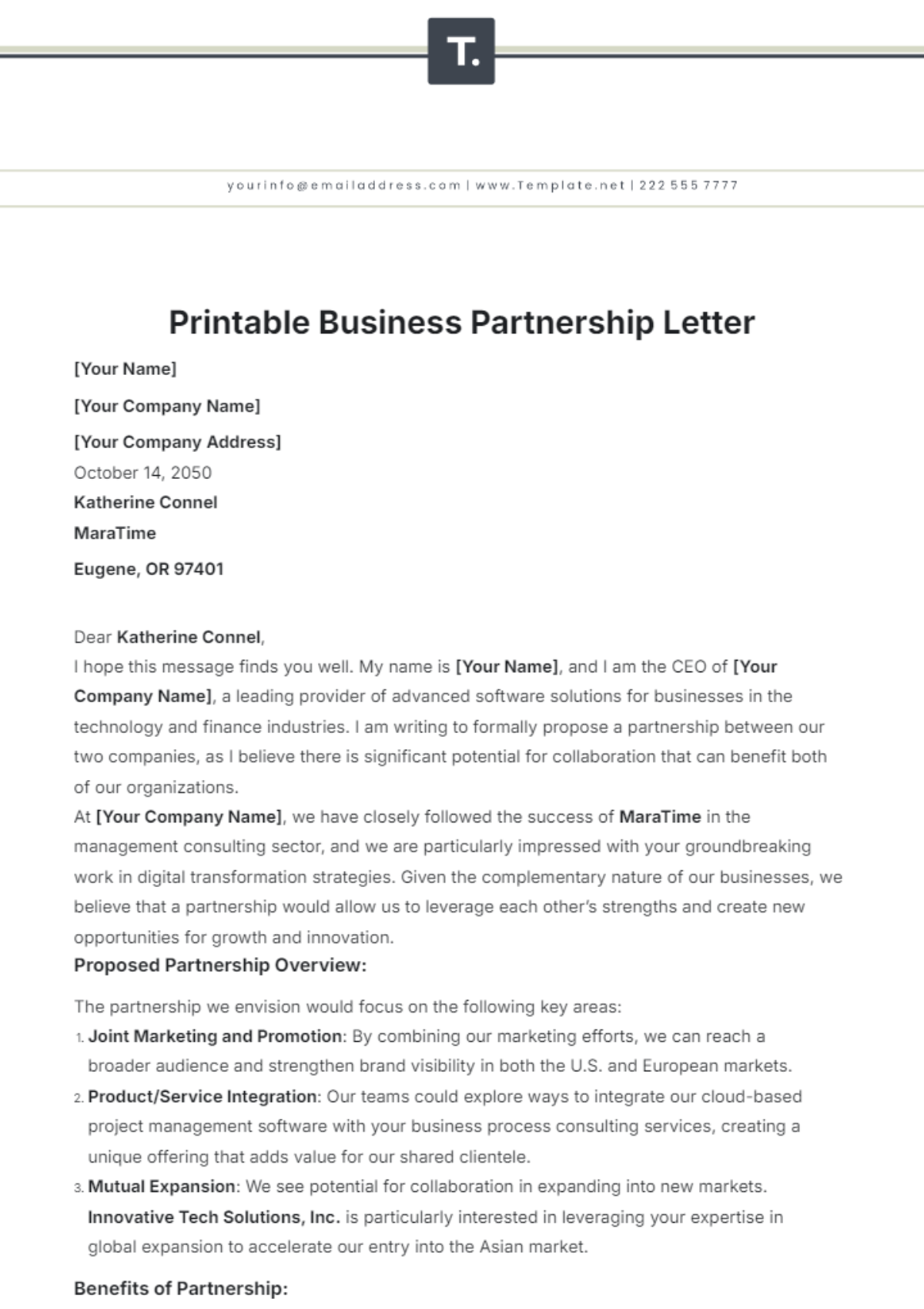 Printable Business Partnership Letter Template - Edit Online & Download