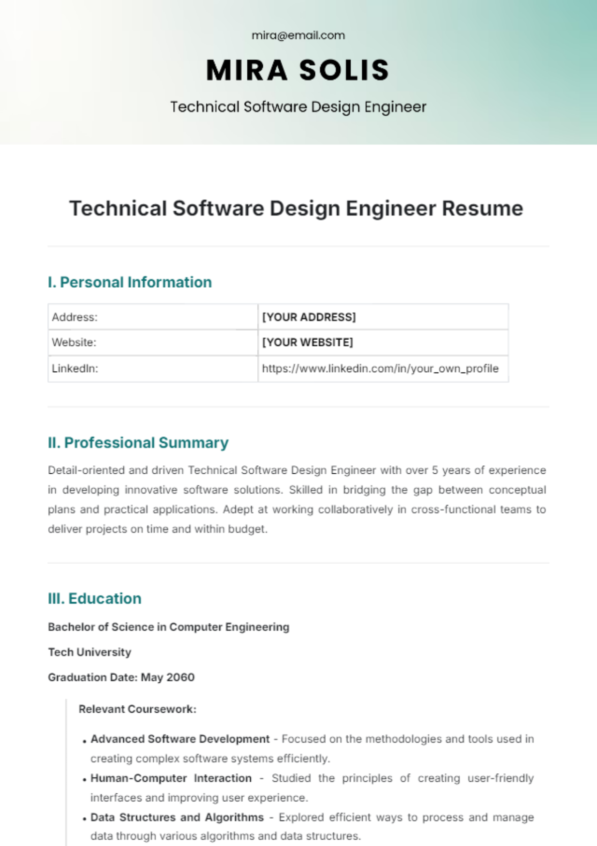 Technical Software Design Engineer Resume Template - Edit Online & Download