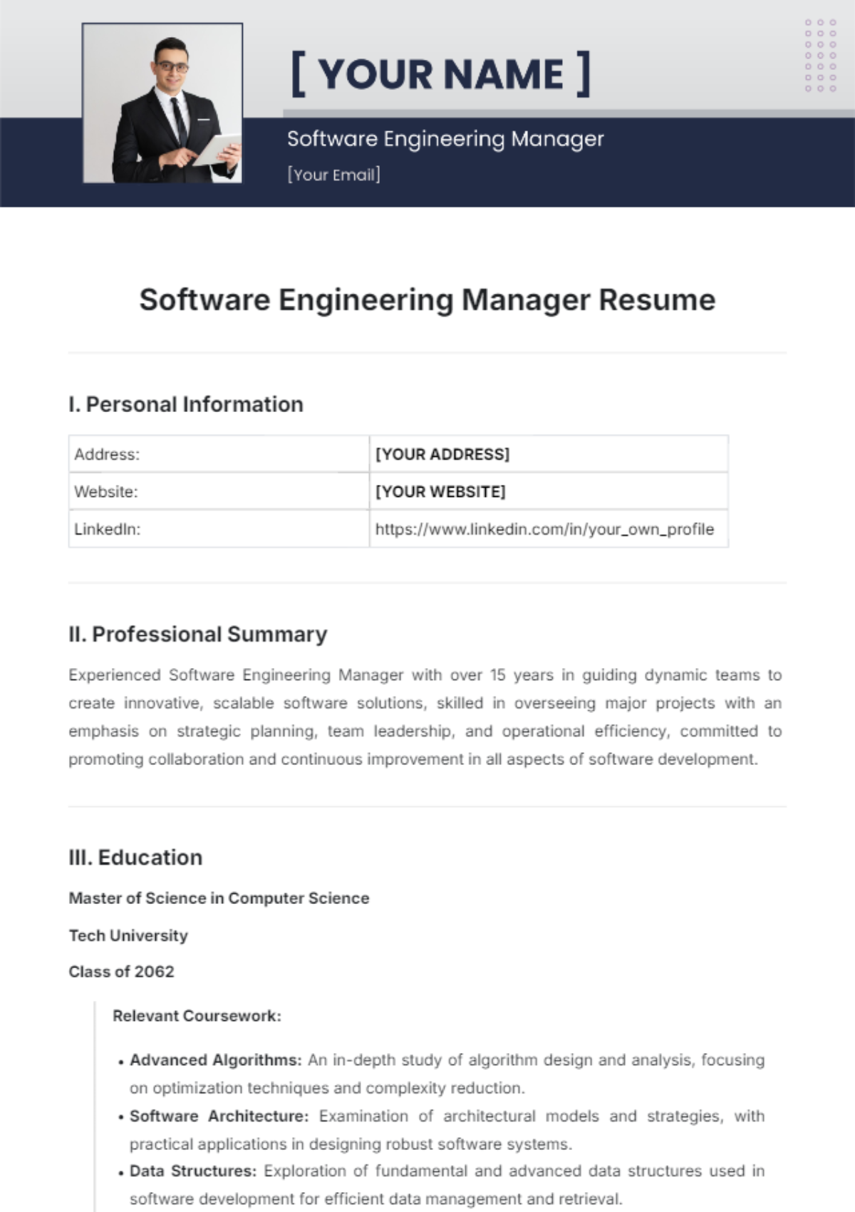 Software Engineering Manager Resume Template - Edit Online & Download