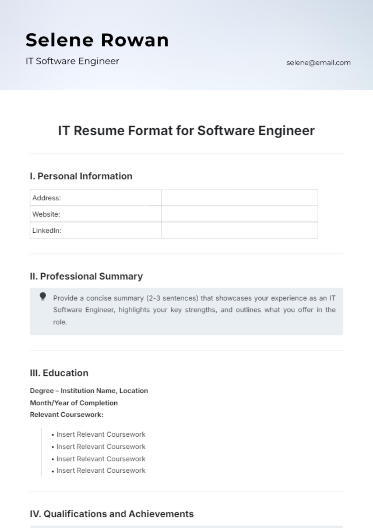 IT Resume Format for Software Engineer Template - Edit Online & Download