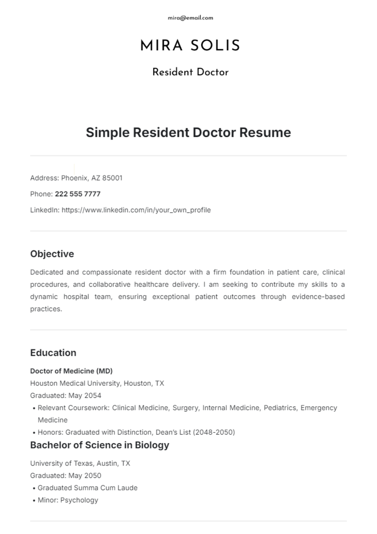 Simple Resident Doctor Resume Template - Edit Online & Download