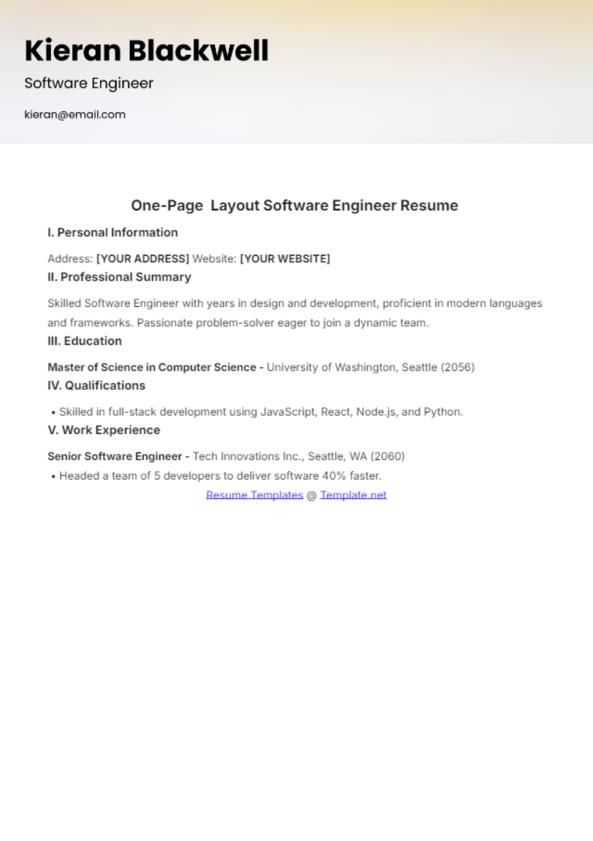 One-Page  Layout Software Engineer Resume Template - Edit Online & Download