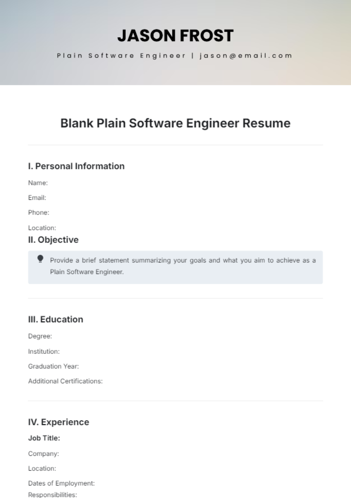 Blank Plain Software Engineer Resume Template - Edit Online & Download