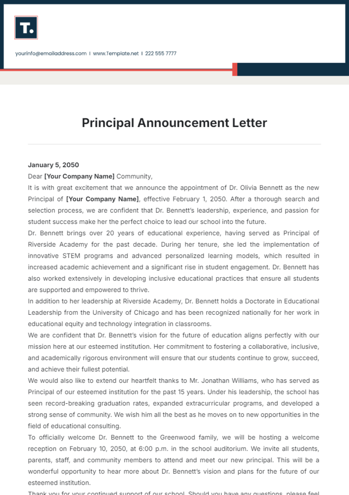 Principal Announcement Letter Template - Edit Online & Download