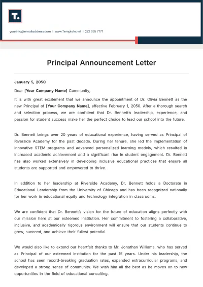Free Principal Announcement Letter Template to Edit Online
