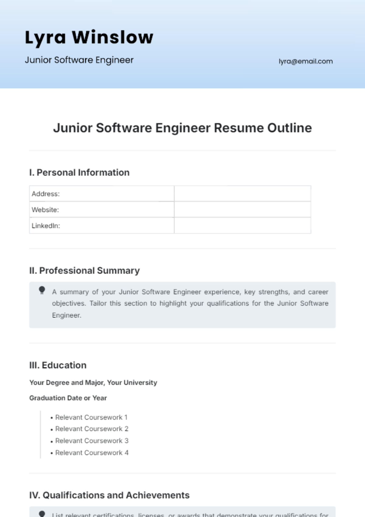 Junior Software Engineer Resume Outline Template - Edit Online & Download