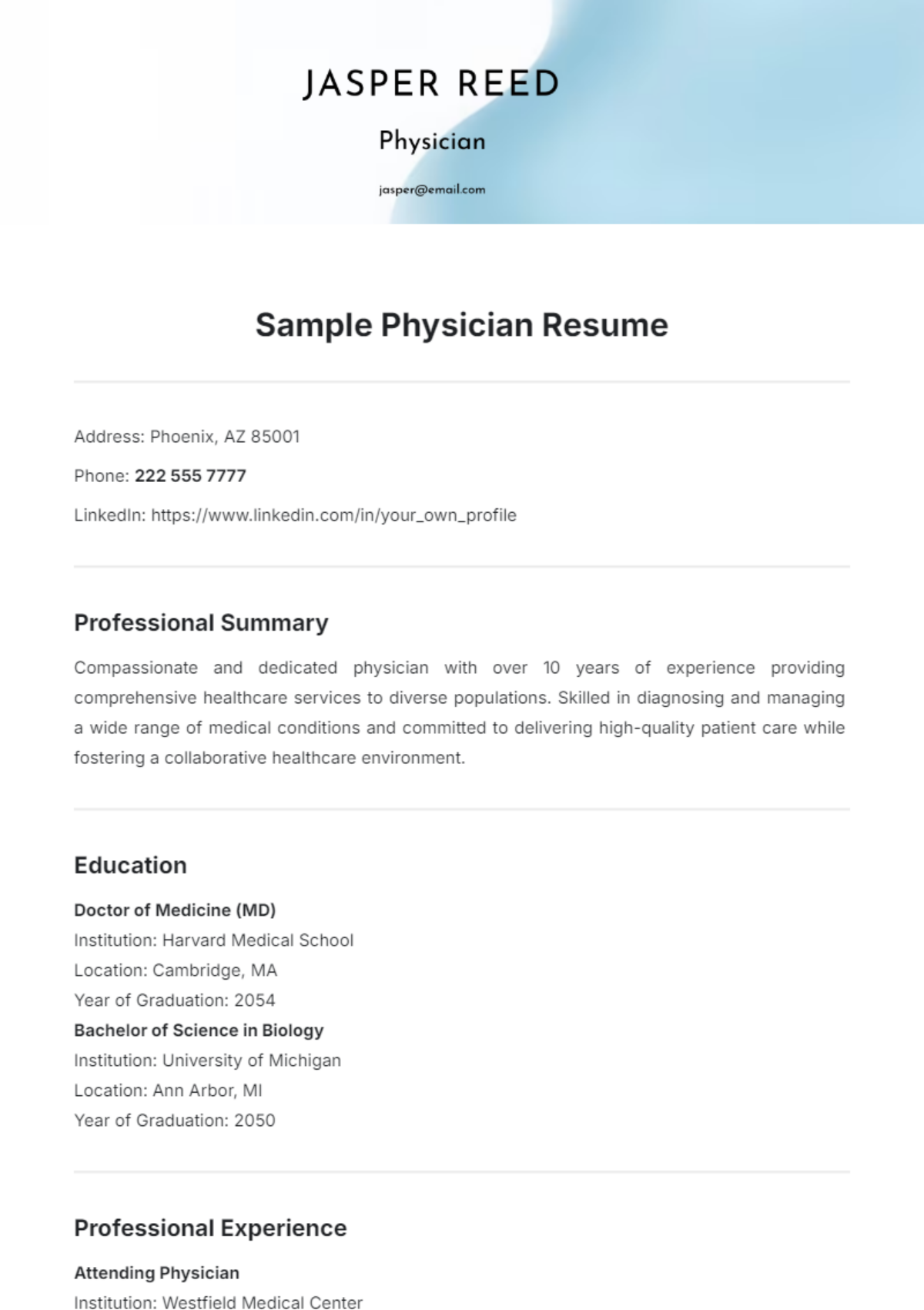 Sample Physician Resume Template - Edit Online & Download