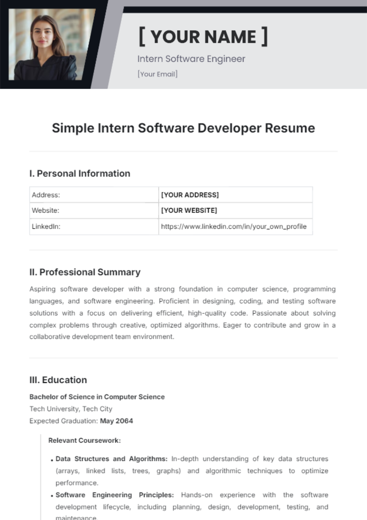 Simple Intern Software Developer Resume Template - Edit Online & Download