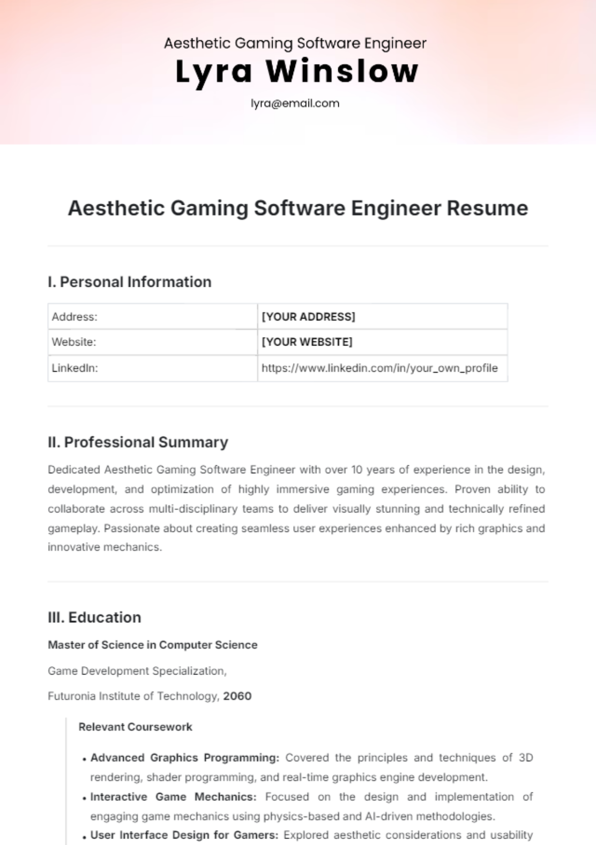 Aesthetic Gaming Software Engineer Resume Template - Edit Online & Download