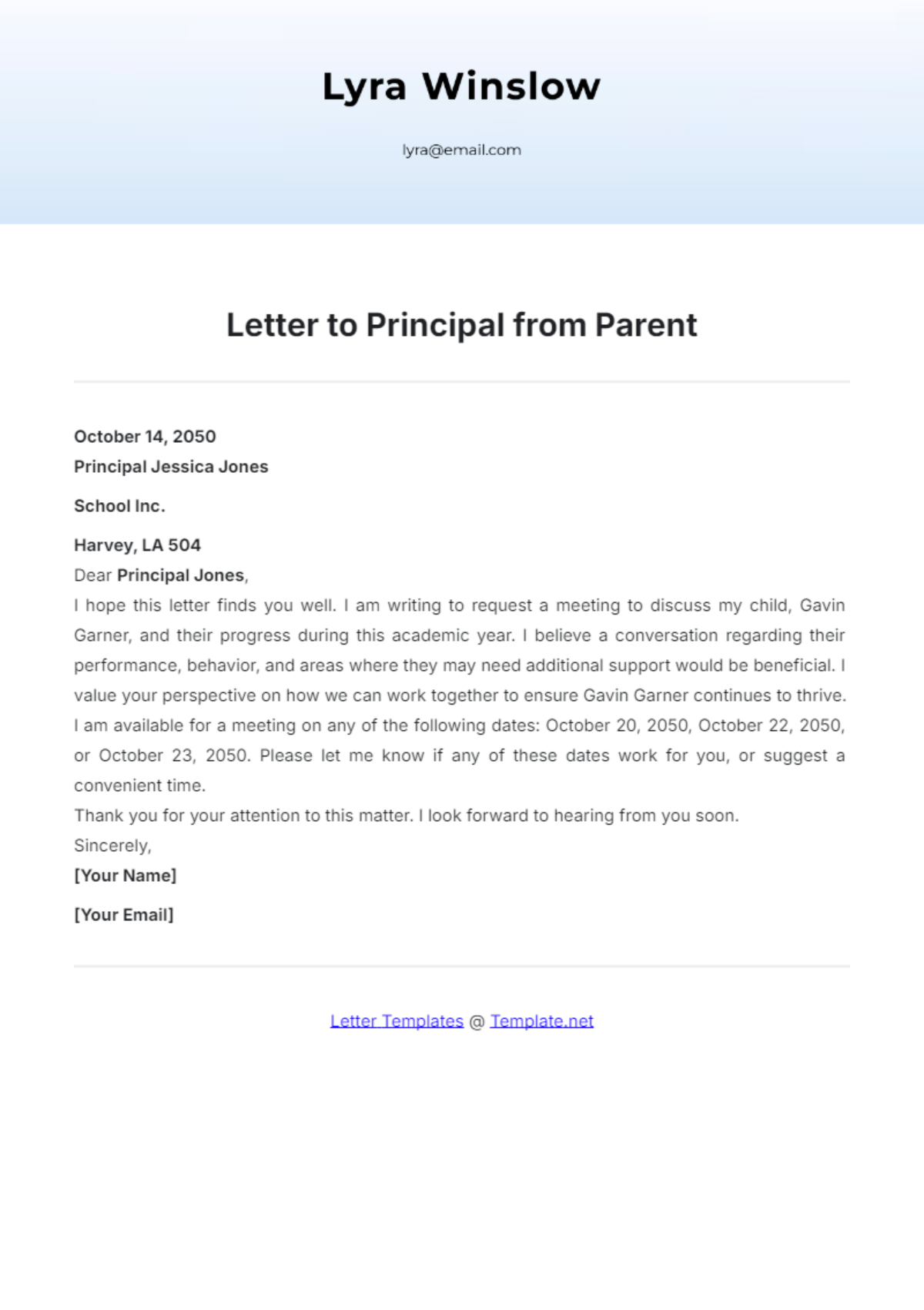 Letter to Principal from Parent Template - Edit Online & Download