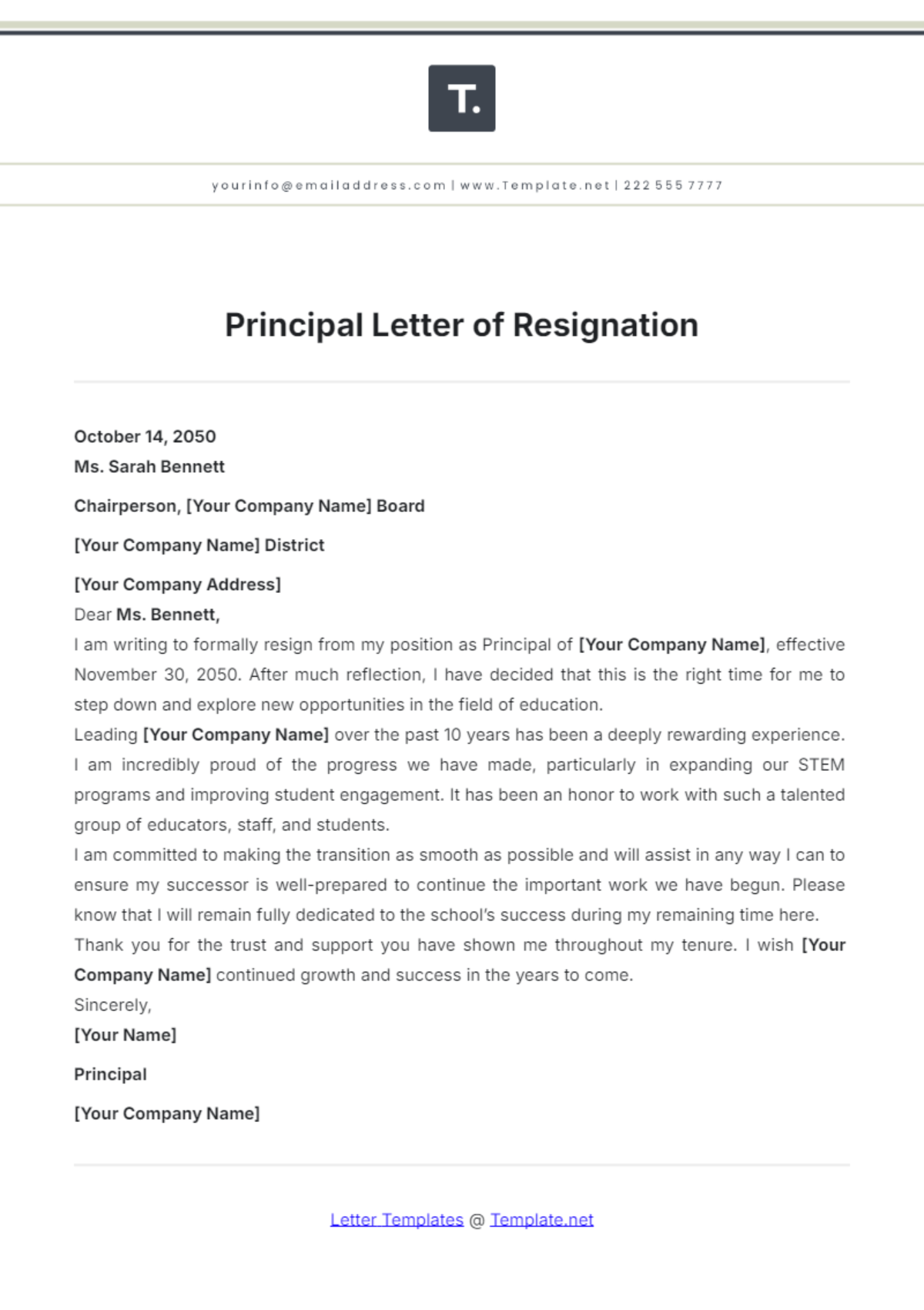 Principal Letter of Resignation Template - Edit Online & Download