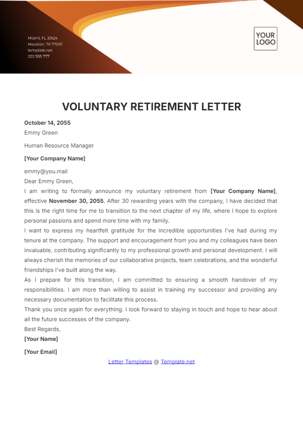 Voluntary Retirement Letter Template - Edit Online & Download