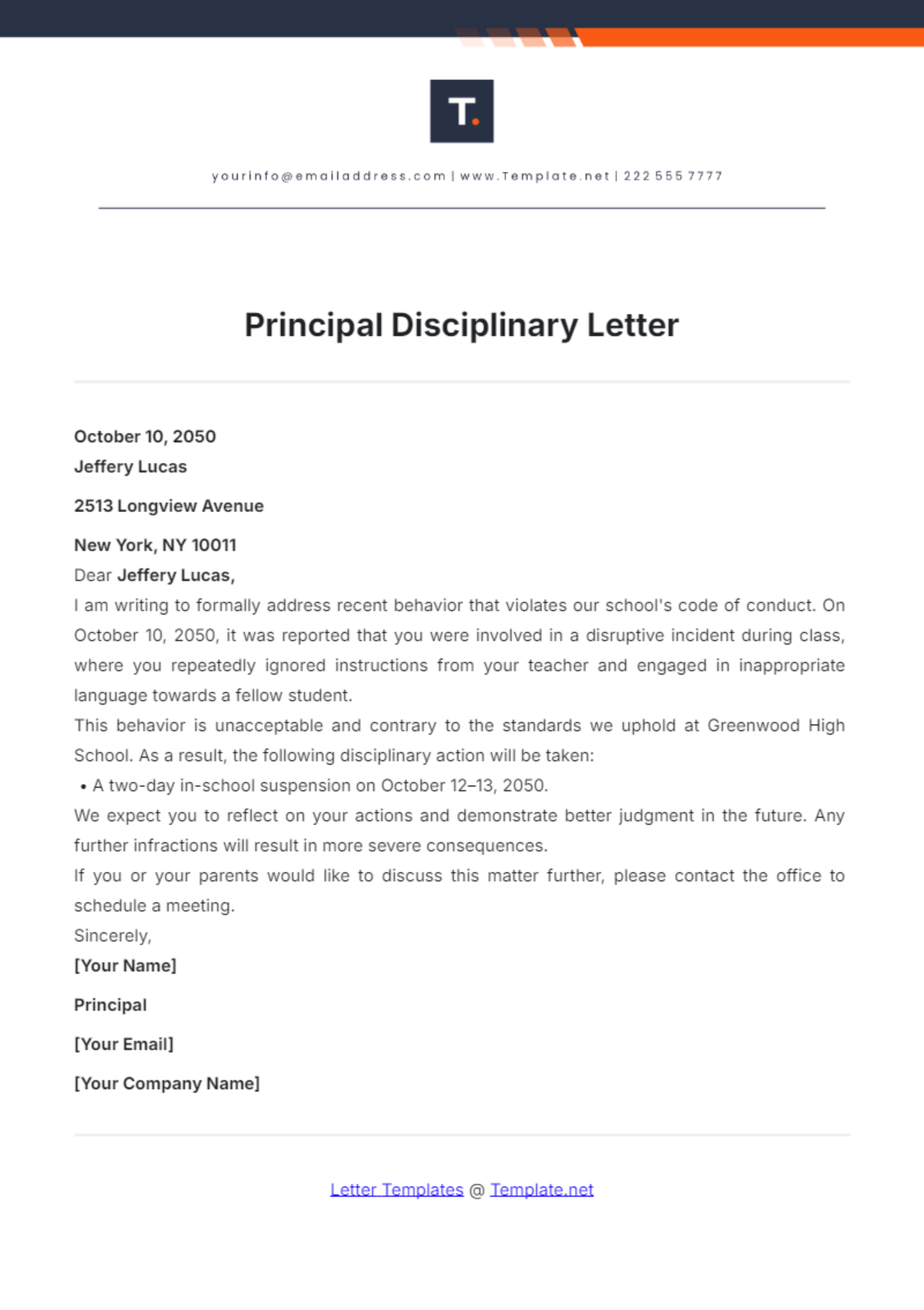 Principal Disciplinary Letter Template - Edit Online & Download