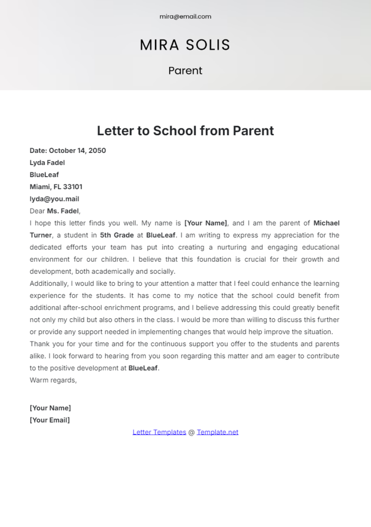 Letter to School from Parent Template - Edit Online & Download